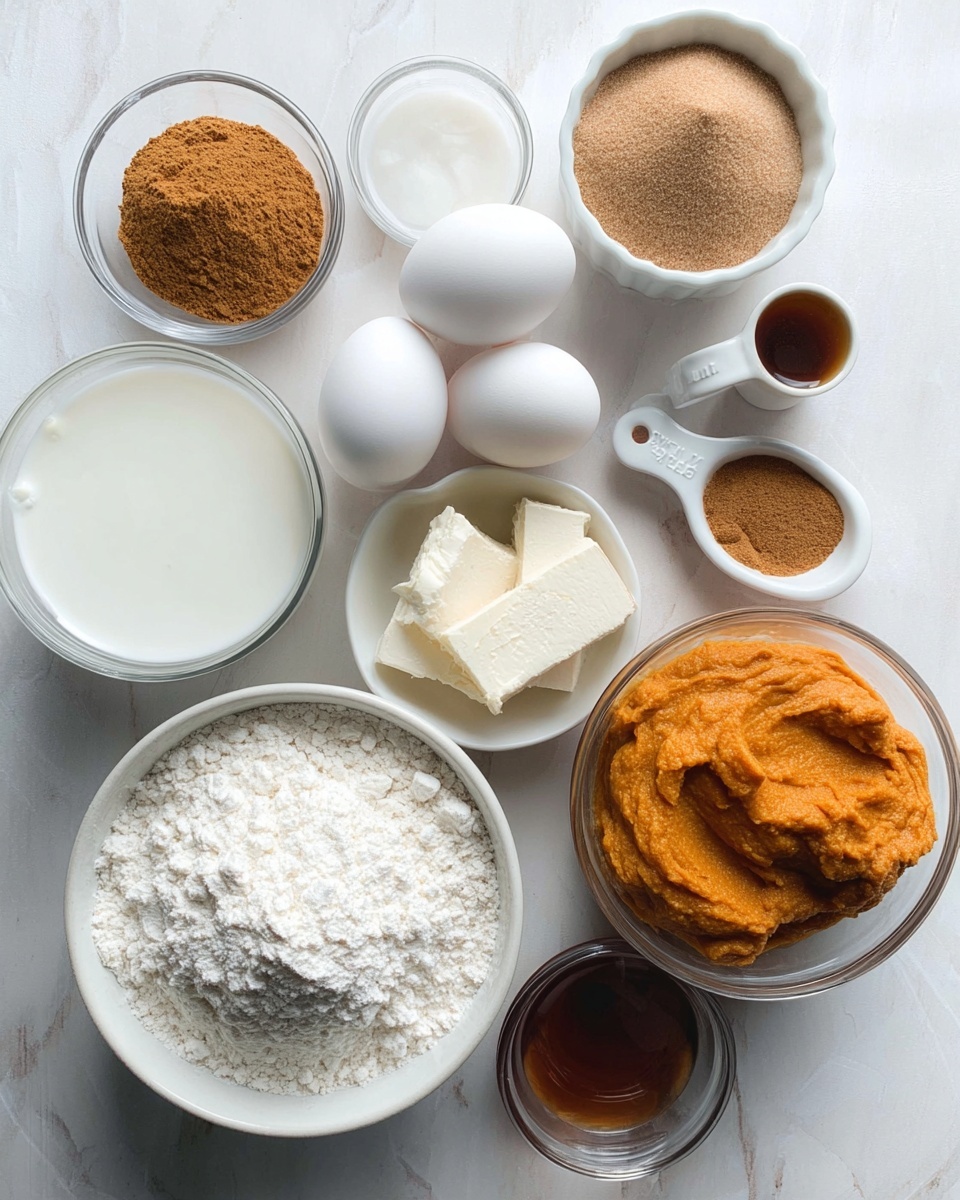 The image shows a top view of various baking ingredients arranged on a white marbled surface. There are three white eggs in the center surrounded by small white bowls and measuring cups containing light brown sugar, white flour, milk, white cream cheese, pumpkin puree, cinnamon powder, vanilla extract, baking powder, and salt. The brown sugar sits in a white measuring cup on the top right, while the pumpkin puree is in a clear glass container on the right side. The flour fills a large white bowl at the bottom left, and the cream cheese is in a clear glass bowl just below the center. The ingredients are neatly spaced around the eggs, creating a balanced and clean layout. photo taken with an iphone --ar 4:5 --v 7