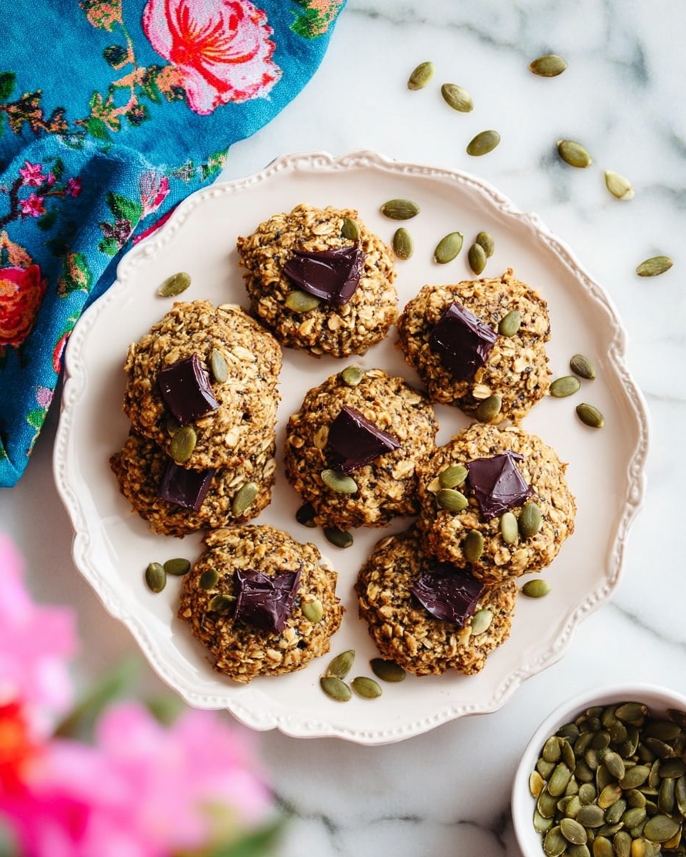 The image shows a white scalloped plate holding eight oatmeal cookies with a rough texture and speckled brown color. Each cookie has one or two dark chocolate chunks placed on top and is sprinkled with green pumpkin seeds scattered both on the cookies and around the plate. The plate is set on a white marbled surface. To the left of the plate, there is a bright blue cloth with a floral pattern in pink, red, and green. Part of a pink flower and green leaves are visible near the top left of the image. In the bottom right corner, there is a small white bowl filled with more green pumpkin seeds. Photo taken with an iphone --ar 4:5 --v 7