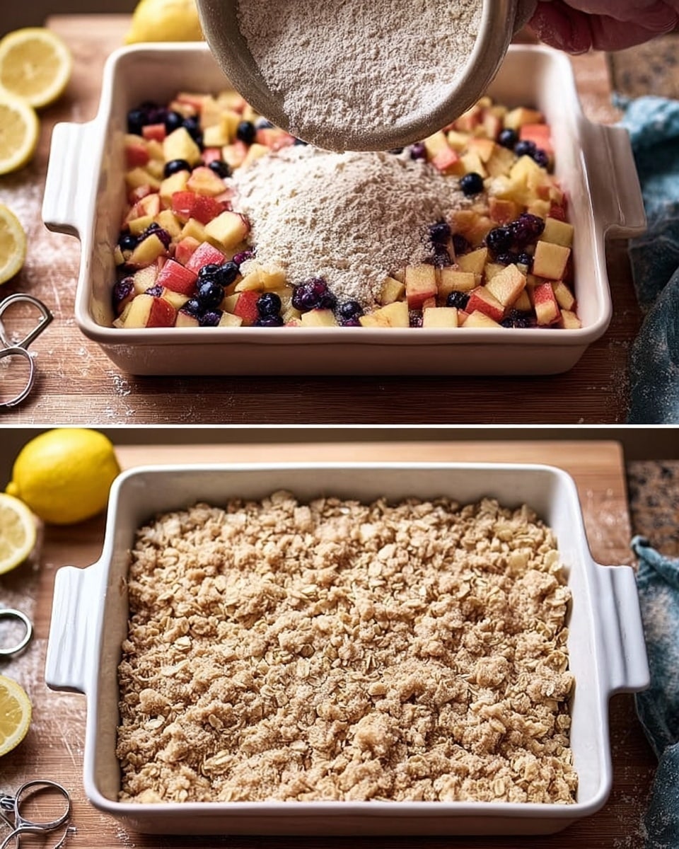 A square white baking dish is shown in two stages: on the left, a woman's hand is pouring a crumbly, light beige oat topping over a mixed fruit base of diced apples and scattered blueberries, which add red, yellow, and dark blue colors to the bottom layer; on the right, the same dish is filled evenly with the oat topping creating a rough, textured surface covering the fruit completely. The dish is placed on a wooden surface with some kitchen items like a half lemon and metal rings nearby. photo taken with an iphone --ar 4:5 --v 7