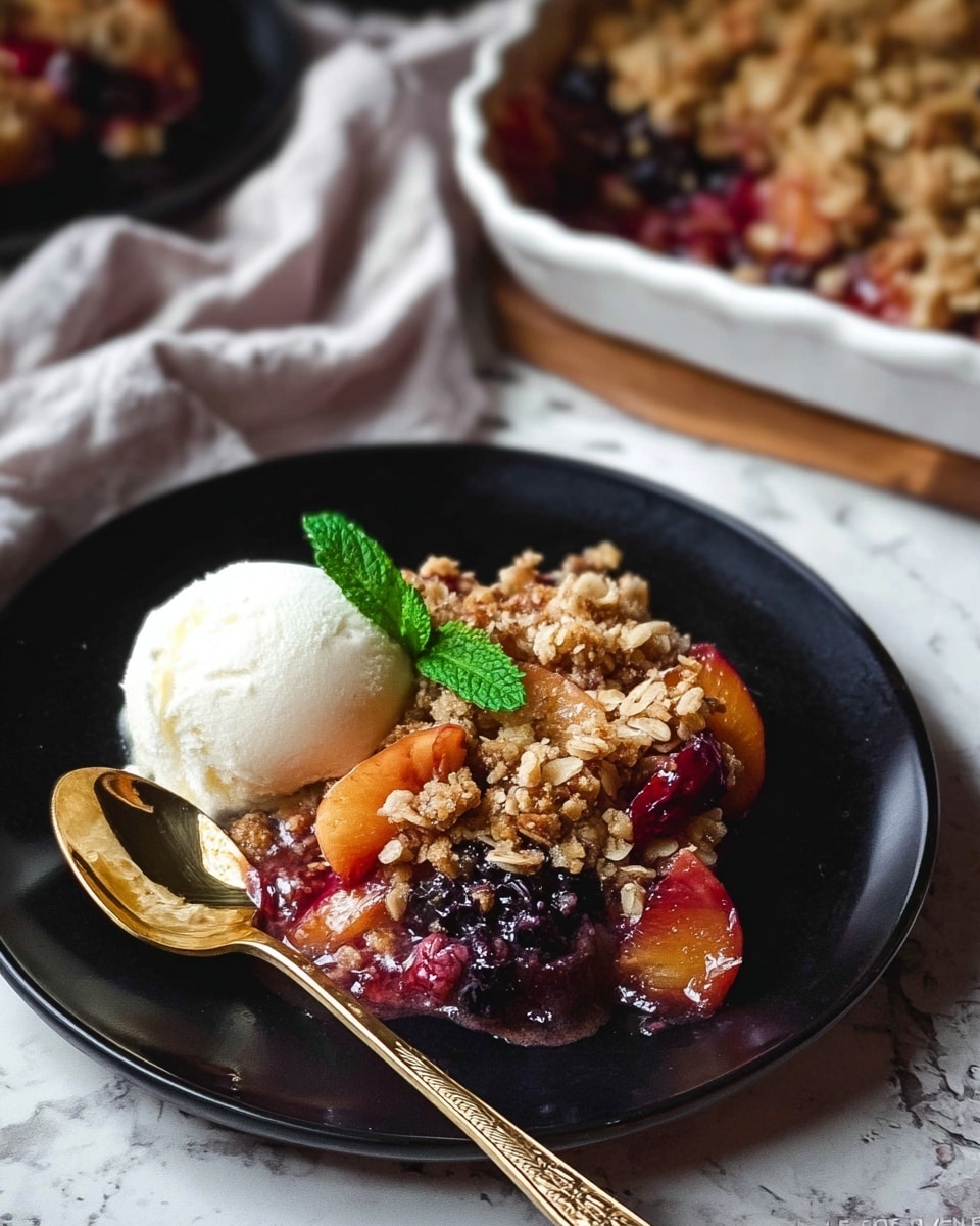 A single black plate holds a serving of fruit crumble with a mix of soft cooked fruit chunks in warm orange, deep red, and dark purple colors, topped with a rough crumbly golden-brown oat crust. Next to the crumble, there is a smooth, creamy white scoop of ice cream garnished with a bright green mint leaf. A golden spoon with a silver ornate handle rests beside the ice cream. In the background, a white baking dish with more of the fruit crumble can be seen on a white marbled textured surface. photo taken with an iphone --ar 4:5 --v 7