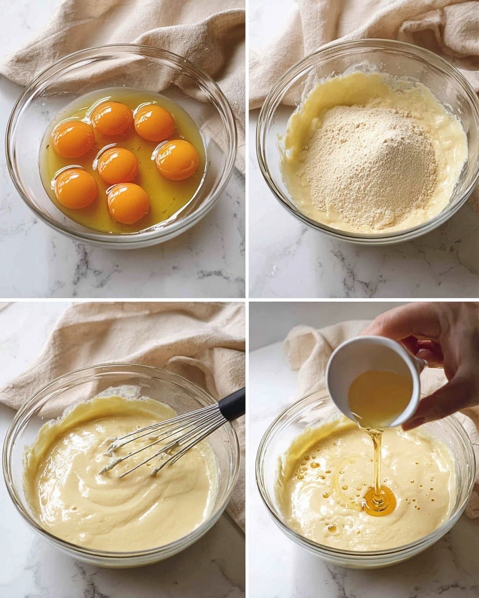 The image shows four steps of mixing ingredients in a clear glass bowl, placed on a white marbled surface with a soft beige cloth in the background. The first step has six bright orange egg yolks and a large heap of light brown powder side by side in the bowl. The second step shows the mixture whipped with a metal beater, creating a smooth, pale yellow, fluffy batter filling the bowl halfway. The third step captures a woman's hand pouring a light yellow liquid from a small white measuring spoon into the batter, which is now slightly thicker with some bubbles on top. In the last step, a woman's hand adds a golden honey-like liquid from a white measuring spoon, creating a small splash in the same light and airy batter. Photo taken with an iphone --ar 4:5 --v 7