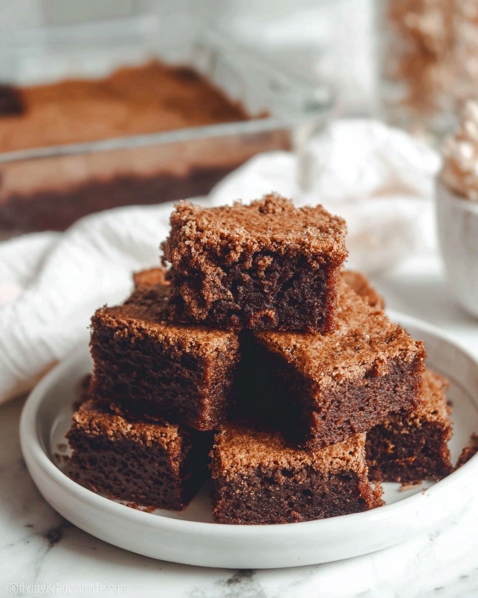 The image shows six square pieces of brown cake stacked on a white round plate. The top layer of the cake is slightly cracked and rough, with a crumbly texture. Each cake piece has a dense, moist inside with small air pockets visible. The plate sits on a white marbled surface, with a blurred background that includes a white cloth and a glass baking dish holding more cake. The photo taken with an iphone --ar 4:5 --v 7