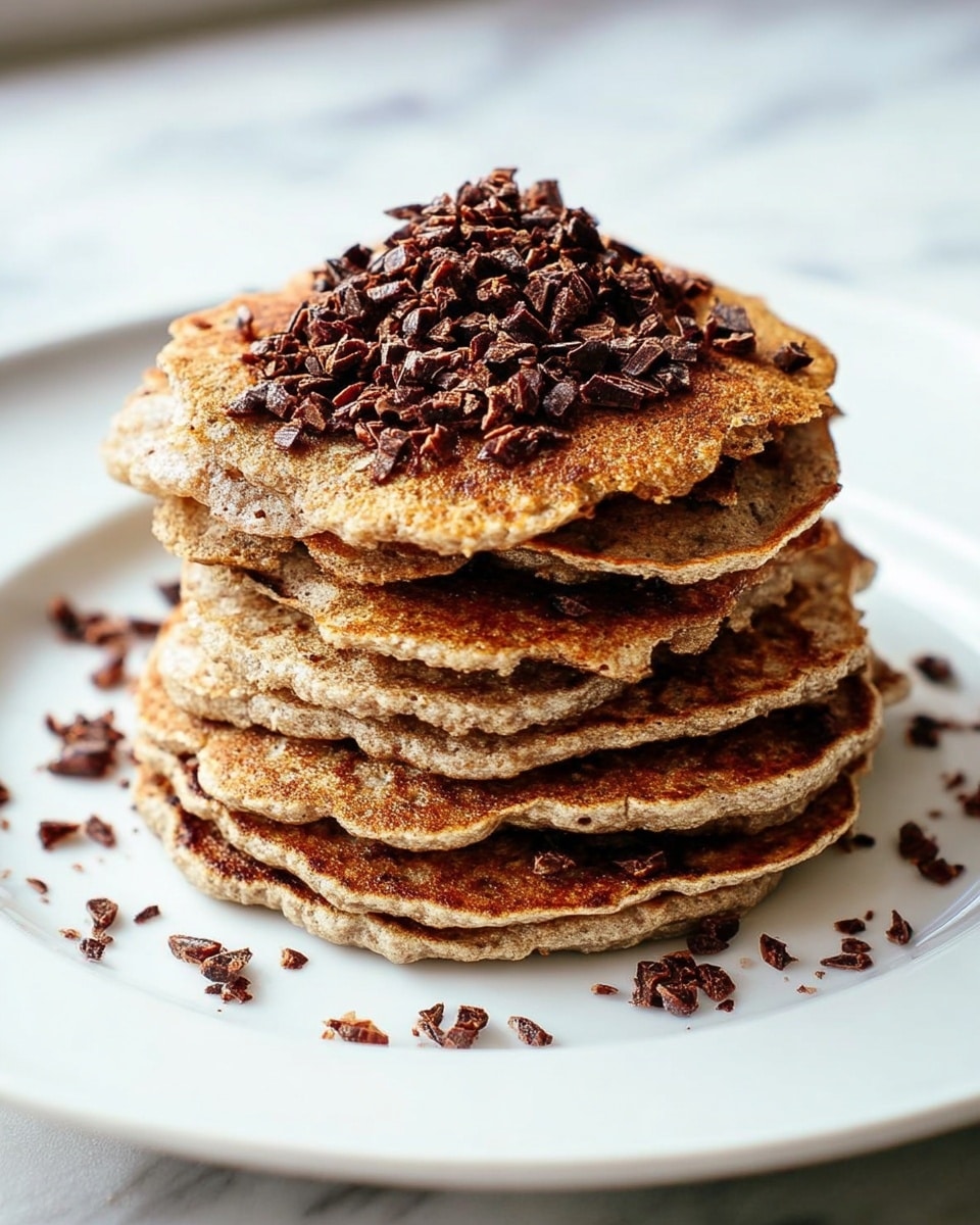 A stack of eight uneven brown pancakes sits in the center of a white plate on a white marbled surface. Each pancake has a slightly rough, crispy edge and a soft, porous texture inside, showing air bubbles and variations in color from light to dark brown. On top of the stack is a sprinkling of small, dark brown crunchy pieces, with some scattered around the plate. The light source is soft and natural, highlighting the warm tones of the pancakes and the white plate. photo taken with an iphone --ar 4:5 --v 7