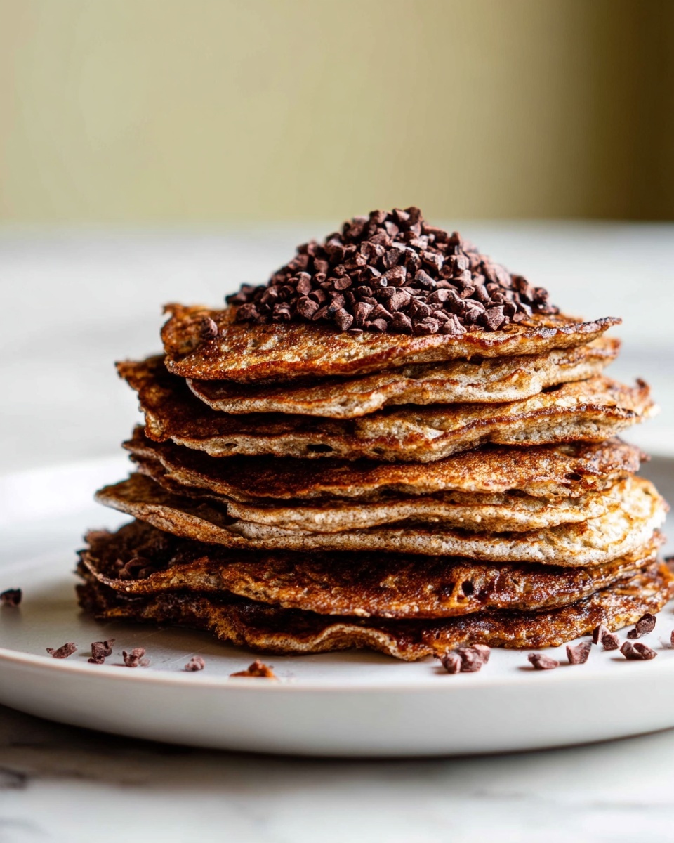 A stack of about eight brown pancakes with crispy edges is placed at the center of a white plate. The pancakes have a rough, uneven texture showing each layer distinctly. On the top pancake, there is a pile of small dark brown cacao nibs adding contrast and texture. Some cacao nibs are scattered lightly next to the stack on the plate. The background features a soft pale yellow tone, and the plate sits on a white marbled surface. photo taken with an iphone --ar 4:5 --v 7