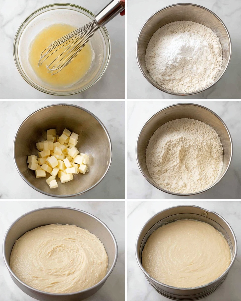 A collage of six images shows the step-by-step process of making batter. In the top left, a clear glass bowl contains a light yellow liquid being whisked. The top right image shows a metal mixing bowl with white dry flour inside. In the middle left, the same metal bowl holds flour with small cubes of pale yellow butter on top. The middle right image shows the butter and flour mixed into a grainy, pale dough. The bottom left image displays the dough mixed further into a smooth, light beige batter. The bottom right shows the batter evenly spread inside a round metal cake pan on a white marbled surface. Photo taken with an iphone --ar 4:5 --v 7