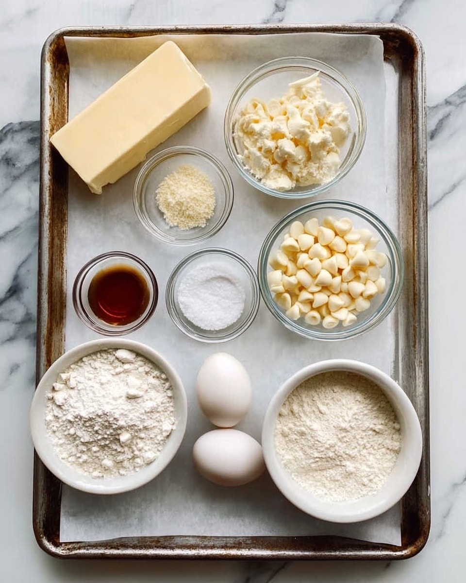 A metal baking tray lined with white parchment paper is filled with small clear glass bowls and a stick of pale yellow butter at the top left. The bowls hold different ingredients: white flour in a white bowl at bottom left, creamy white white chocolate chips in a central bowl, two white eggs on the right, white sugar in a bowl below the eggs, and smaller bowls with white baking soda, white baking powder, vanilla extract, salt, and a small amount of sour cream. The background features a white marbled surface. photo taken with an iphone --ar 4:5 --v 7
