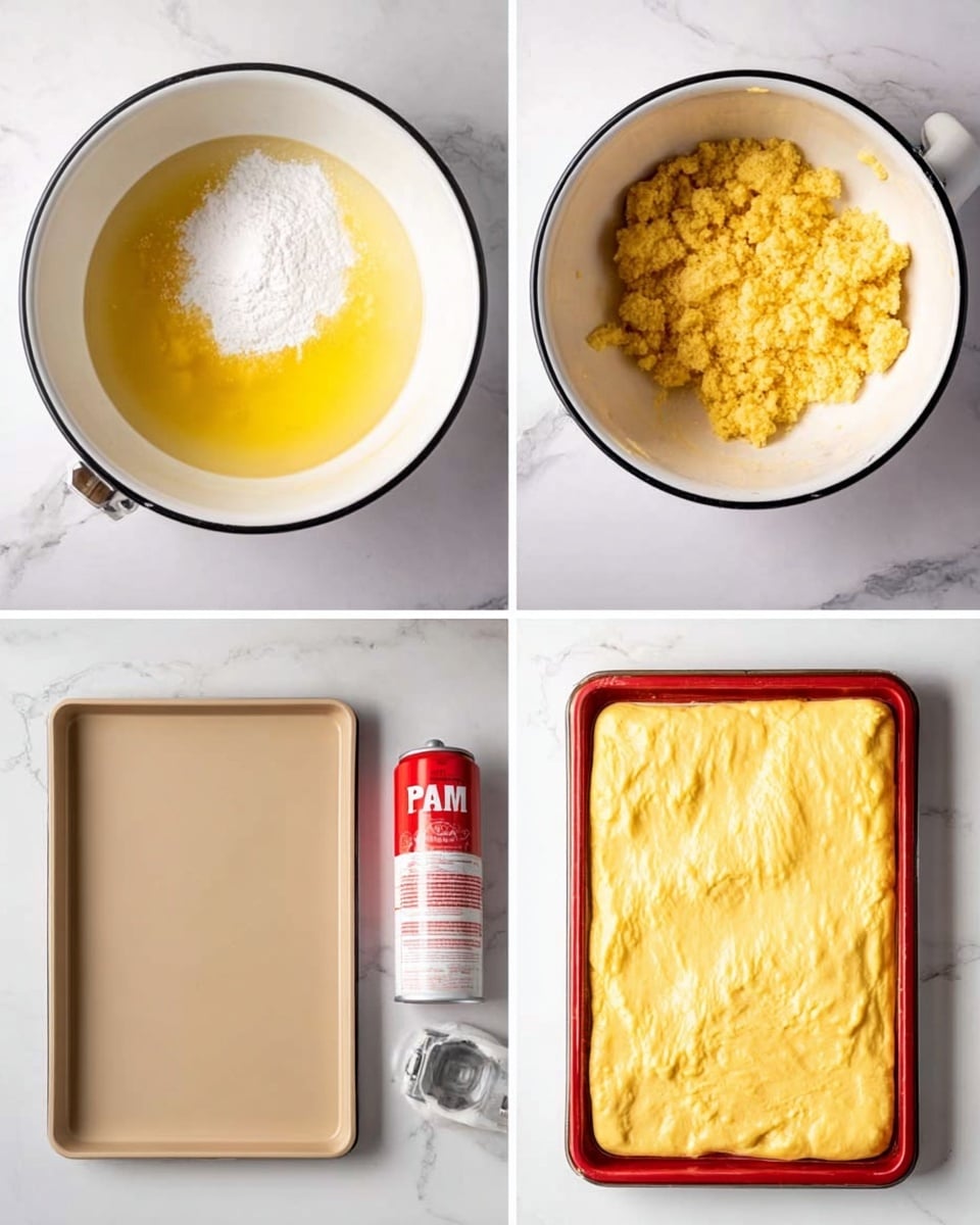 The image is divided into four sections showing steps to prepare dough. The top left section shows melted yellow butter with white powdered sugar in a white bowl with a black rim, and a mixer beside it. The top right section shows the same white bowl with a black rim holding a yellow, crumbly dough. The bottom left section shows a beige baking tray and a red and white spray can on a white marbled surface. The bottom right section shows the baking tray with an evenly spread, smooth yellow dough pressed into it. Photo taken with an iphone --ar 4:5 --v 7