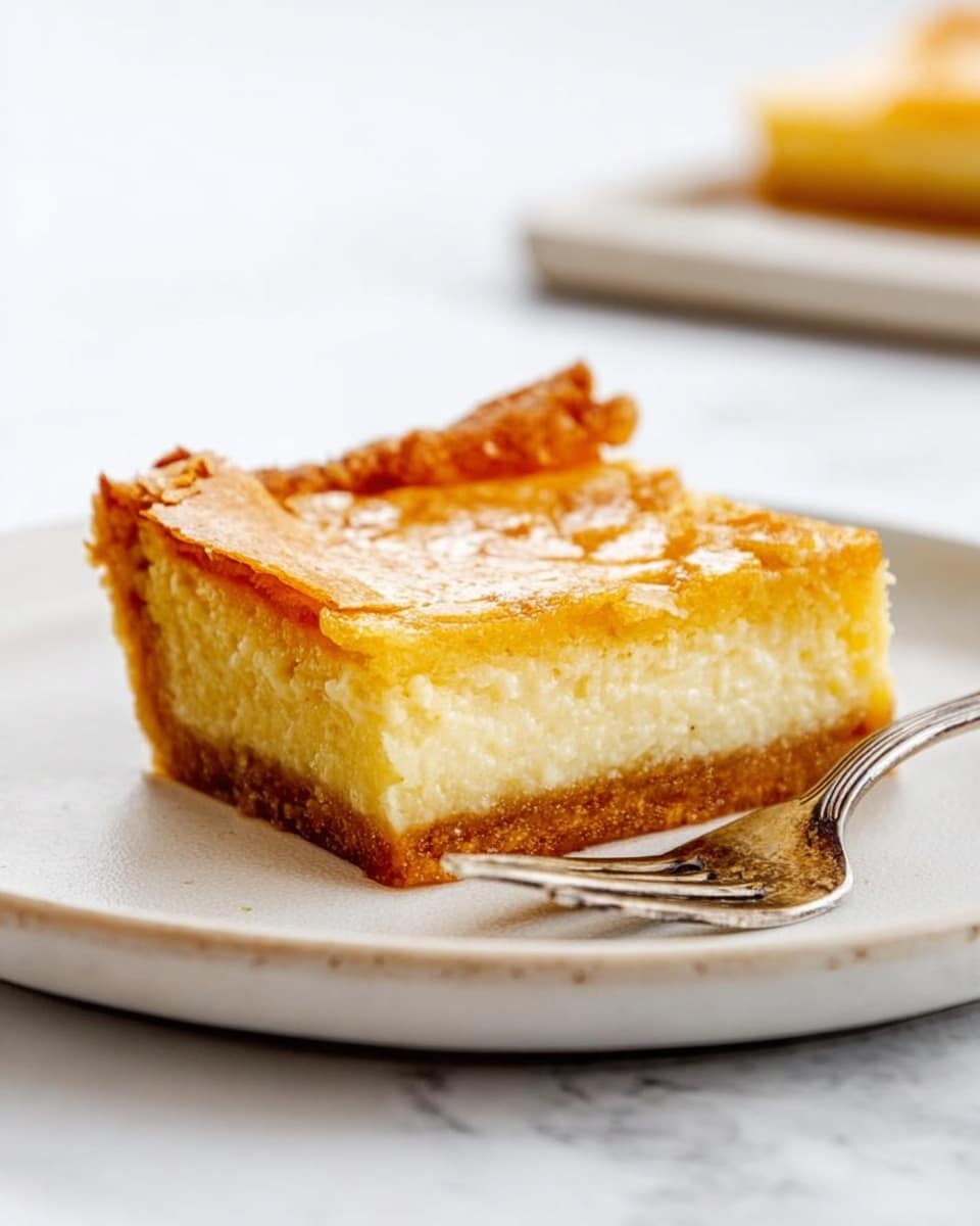 A close-up side view of a single square piece of pie on a white round plate with a slightly raised edge, showing three visible layers: a firm golden-brown crust at the bottom, a thick pale yellow middle layer with a slightly creamy texture, and a thin, flaky lightly browned top layer with small broken edges. Next to the pie piece on the right side is a vintage silver fork resting on the plate. The setting is on a white marbled surface. Photo taken with an iphone --ar 4:5 --v 7