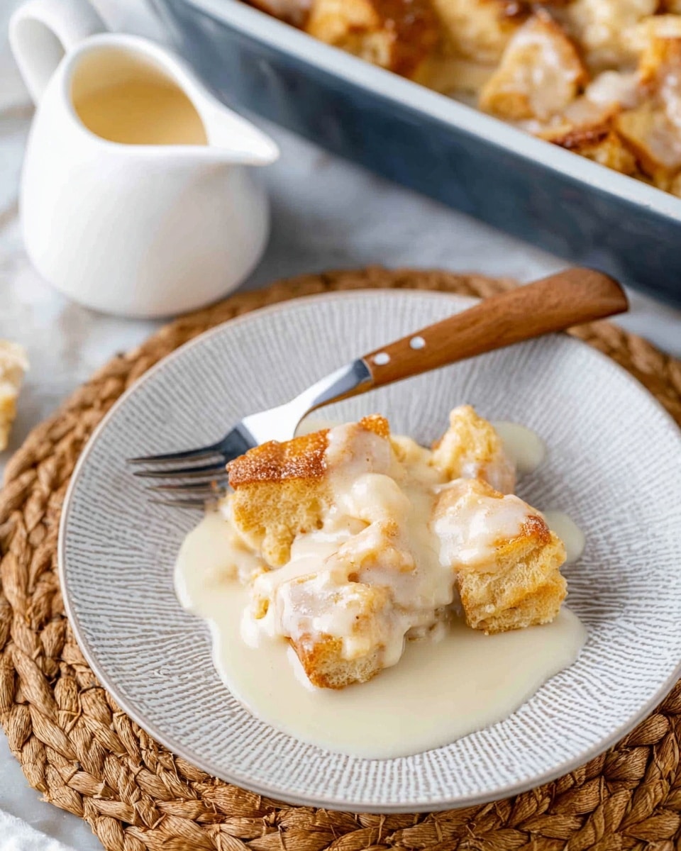 A piece of bread pudding sits in the center of a white plate with a textured pattern. The pudding is golden brown and creamy, with visible chunks of bread soaked in white sauce that looks smooth and milky. A fork with a wooden handle rests on the edge of the plate, angled slightly upward. Above the plate is a small white pitcher filled with more creamy sauce. In the top left corner, part of a larger baking dish filled with more bread pudding can be seen. Everything is set on a white marbled surface with a woven mat underneath the baking dish. Photo taken with an iphone --ar 4:5 --v 7