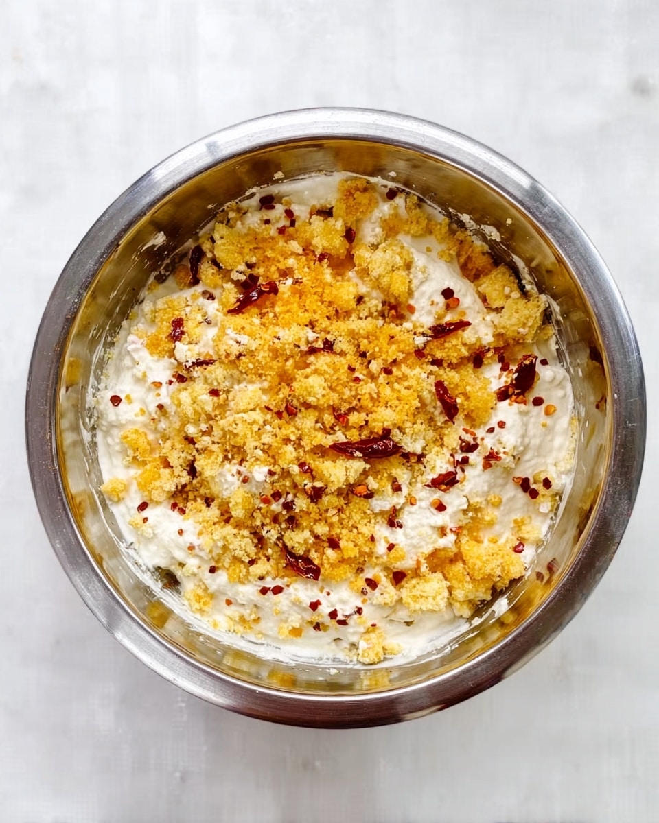 A silver metal bowl sits on a white marbled surface, filled with three visible layers of ingredients. The bottom layer is a thick white creamy mixture that spreads evenly across the bowl's base. On top of this is a layer of crumbly, yellowish-orange chunks scattered unevenly around the bowl. Small pieces of red, dried chili flakes are sprinkled over both layers, adding specks of bright red among the white and yellow. The overall look is a mix of smooth cream, rough crumbles, and tiny red bits. photo taken with an iphone --ar 4:5 --v 7