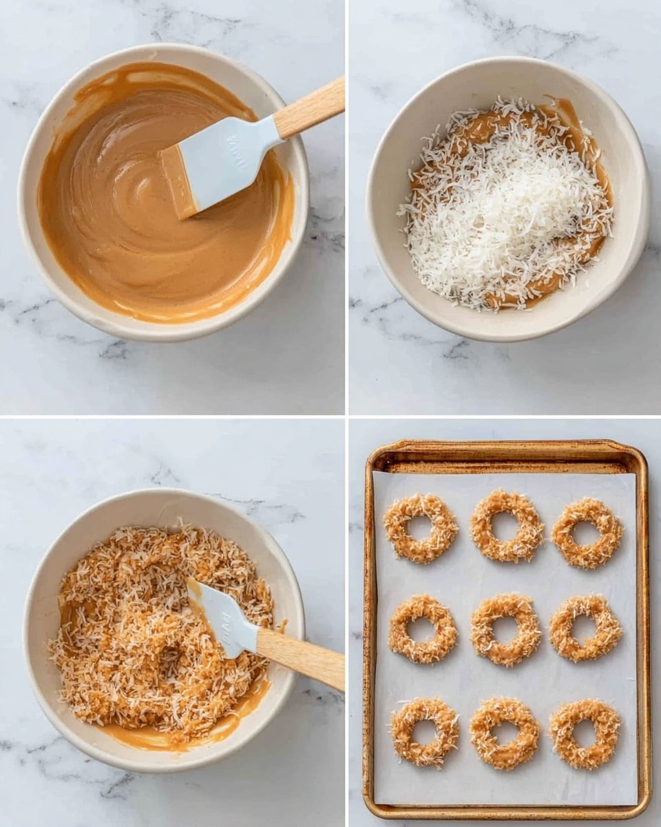 The image shows four stages of making a sweet treat arranged in a 2x2 grid on a white marbled surface. The first frame at the top left shows a bowl filled with smooth, light brown batter with a white spatula resting inside. The second frame at the top right shows the same bowl with the light brown batter and a large pile of shredded white coconut sitting on top, with the spatula partially under the coconut. The third frame at the bottom left shows the mixture being combined, now a textured blend of light brown and white shreds, stirred with the spatula. The fourth frame at the bottom right shows small ring shapes of the mixture evenly spaced on white parchment paper on a light brown baking tray. photo taken with an iphone --ar 4:5 --v 7