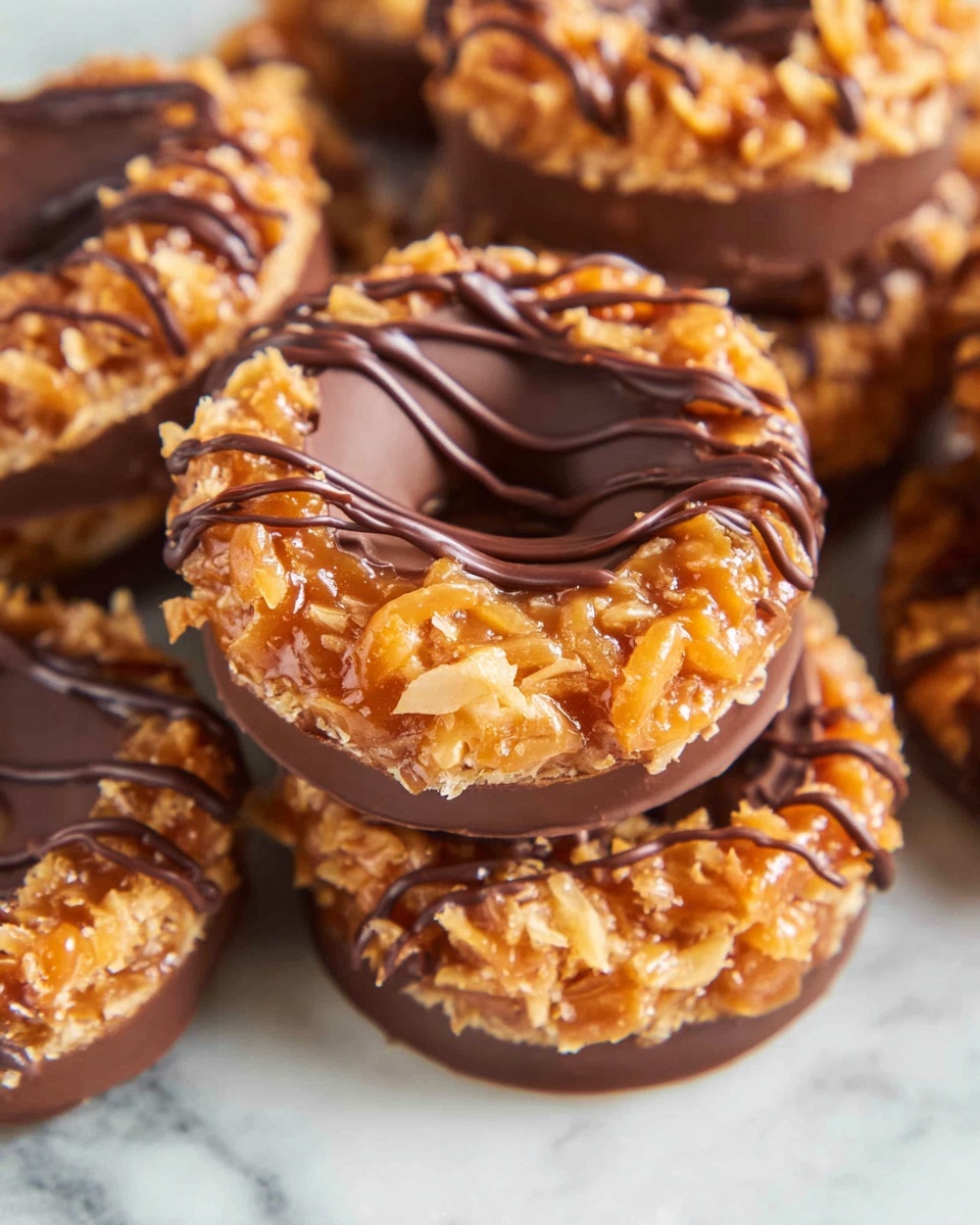The image shows several round treats stacked closely together on a white marbled surface. Each treat has three visible layers: a smooth, round base covered in milk chocolate, topped with a golden caramel and toasted coconut mixture that is thick and textured, with the golden mixture forming a raised ring around the edge. Over the top of each treat, dark chocolate is drizzled in thin lines, creating a contrast with the caramel layer. The overall look is shiny and rich in color, with the smoothness of the chocolate base and the rough texture of the caramel coconut topping clearly visible. photo taken with an iphone --ar 4:5 --v 7