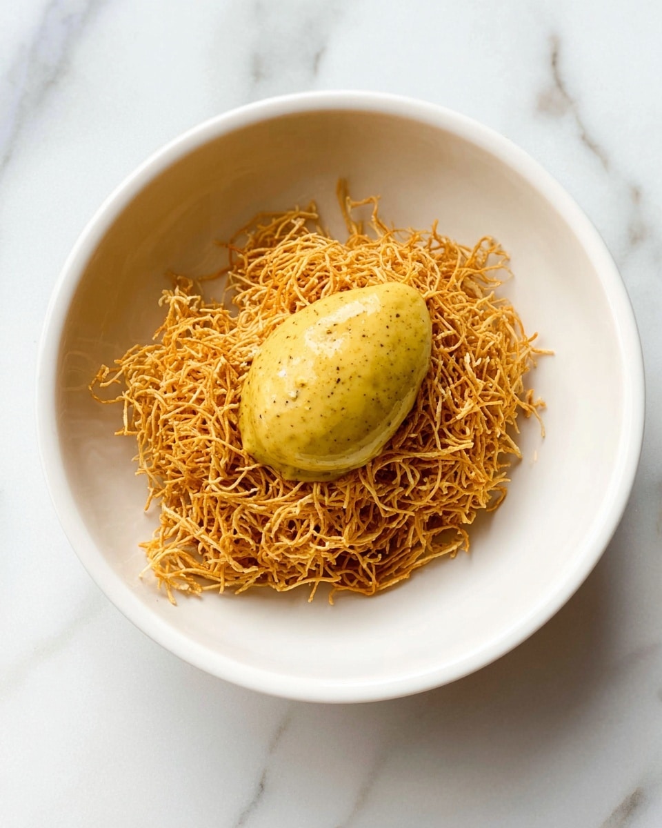 A white bowl sits on a white marbled surface, filled with a base layer of thin, crispy, golden-brown fried noodles that are slightly tangled. On top of the noodles, near the center, is a smooth dollop of thick mustard-yellow sauce with small dark specks, giving it a textured look. The sauce contrasts with the light, airy texture of the noodles underneath. photo taken with an iphone --ar 4:5 --v 7