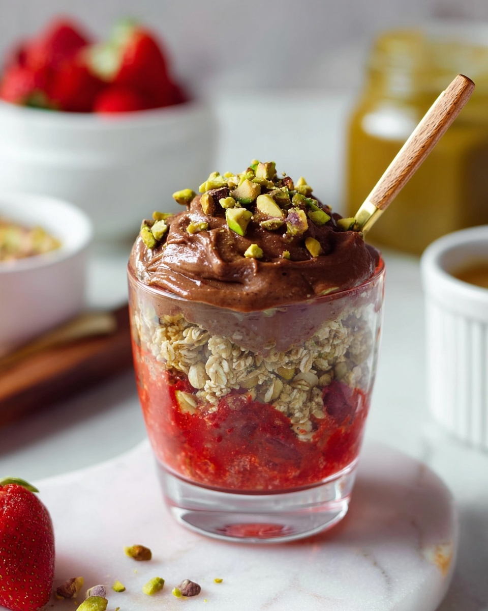 The image shows a clear glass dessert cup with three main layers. The bottom layer is bright red, likely crushed or pureed berries with a smooth, slightly chunky texture. The middle layer is light brown and looks like granola or shredded oats, rough and crumbly. The top layer is thick, dark brown chocolate cream with sprinkled chopped green pistachios on top. A wooden spoon sticks out from the top of the dessert. The dessert sits on a white marbled surface, with a few pistachio pieces scattered nearby and a red strawberry at the corner. In the background are blurred white bowls with red strawberries and a jar with a yellowish substance. photo taken with an iphone --ar 4:5 --v 7