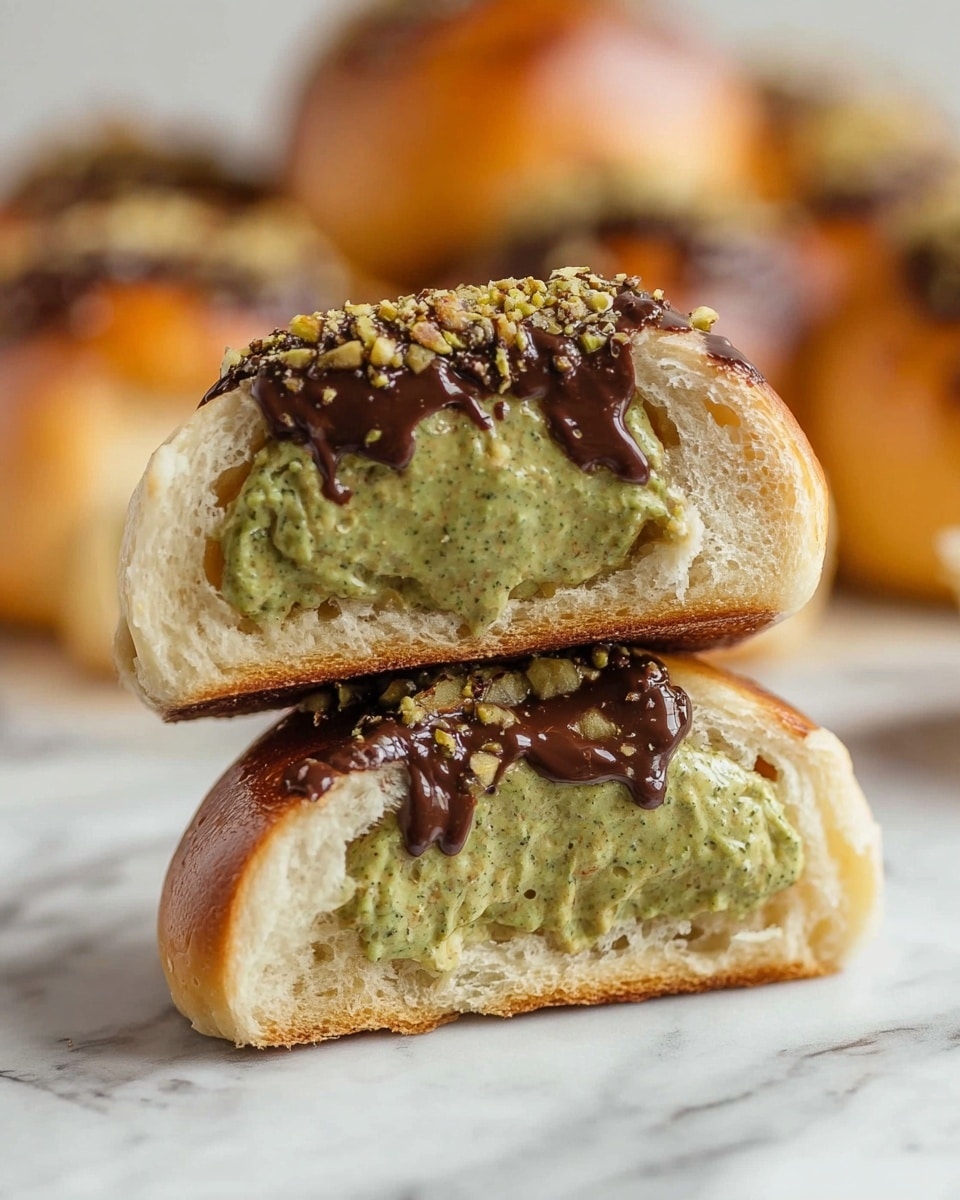 The image shows a bun sliced in half, stacked with the cut sides facing out. Each half reveals a thick, creamy green filling with a slightly shiny texture, dotted with small bits that look like crushed nuts. On top of the green filling, there is a drizzle of dark chocolate adding a smooth, glossy layer. The bun's outside is golden brown and looks soft with a light, fluffy inside. The bun halves are placed on a white marbled surface with more buns blurred in the background. photo taken with an iphone --ar 4:5 --v 7