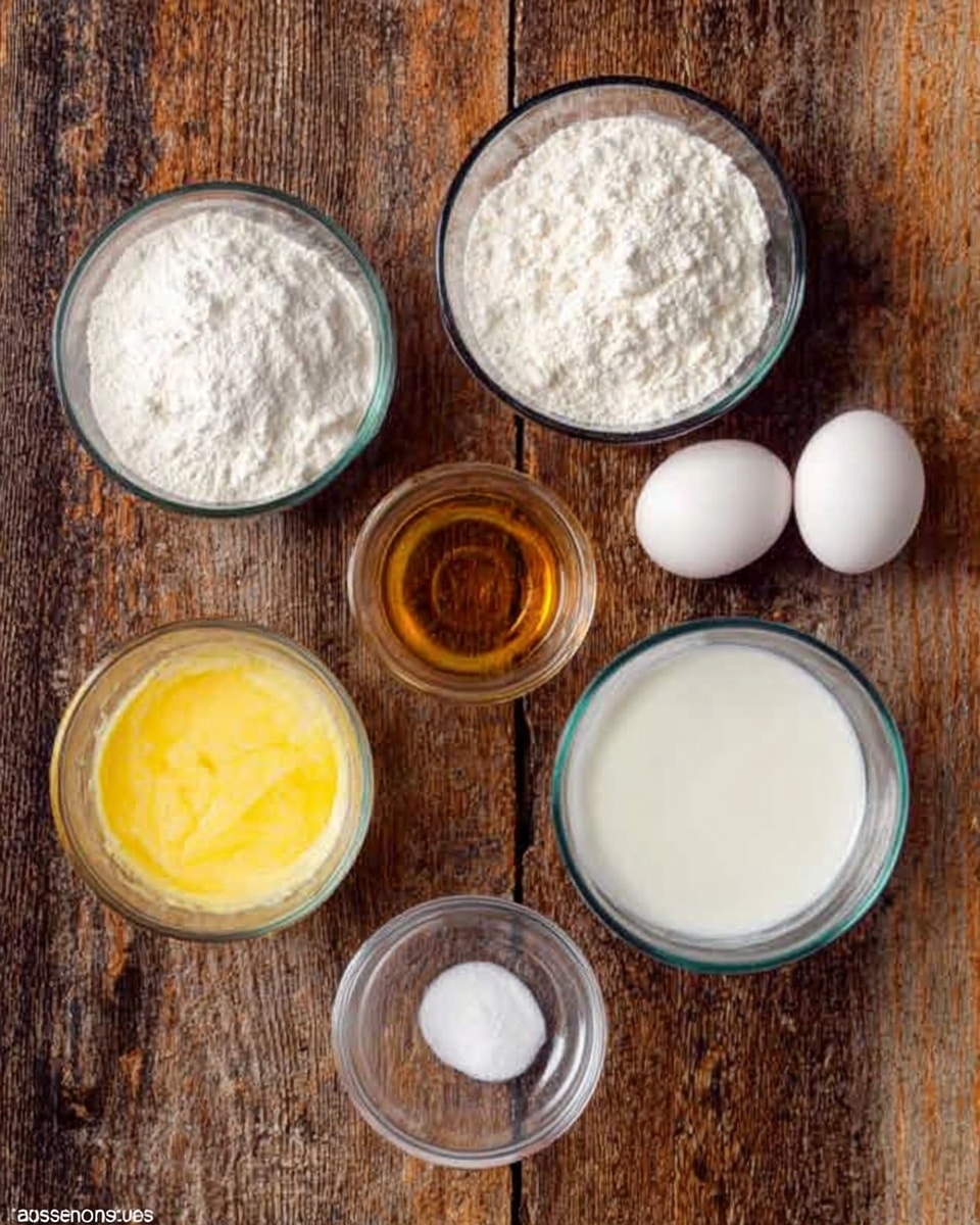 The image shows seven clear glass bowls on a wooden surface. One bowl holds two white eggs, placed on the right side. Next to it, slightly above, is a bowl filled with white flour. In the center, a bowl contains white cream or milk. To the left, there is a bowl with fine white sugar below a small bowl with clear, light brown liquid, likely vanilla extract. Above all is a bowl filled with yellow melted butter. The bowls are arranged in a loose circular pattern, and the wooden background has a rough texture. photo taken with an iphone --ar 4:5 --v 7