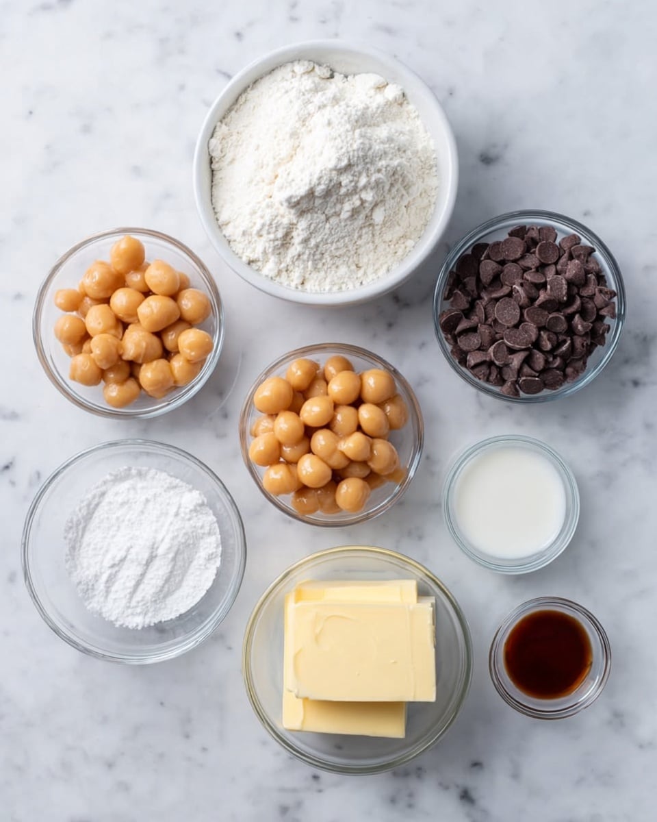 The image shows six small bowls arranged on a white marbled surface. At the top center, there is a white bowl filled with white powdery flour. To its right, another white bowl holds dark brown chocolate chips with a smooth, round shape. To the left of the flour bowl is a clear glass bowl filled with round, light caramel brown balls. Below these, on the left, is a clear bowl containing a white powdery substance, likely sugar or baking powder. In the center bottom, a clear bowl holds two thick rectangular blocks of pale yellow butter. To the right, two small bowls sit next to each other; the left one with a dark brown liquid, possibly vanilla extract, and the right one with a white liquid, likely milk. All bowls are on a white marbled background. photo taken with an iphone --ar 4:5 --v 7