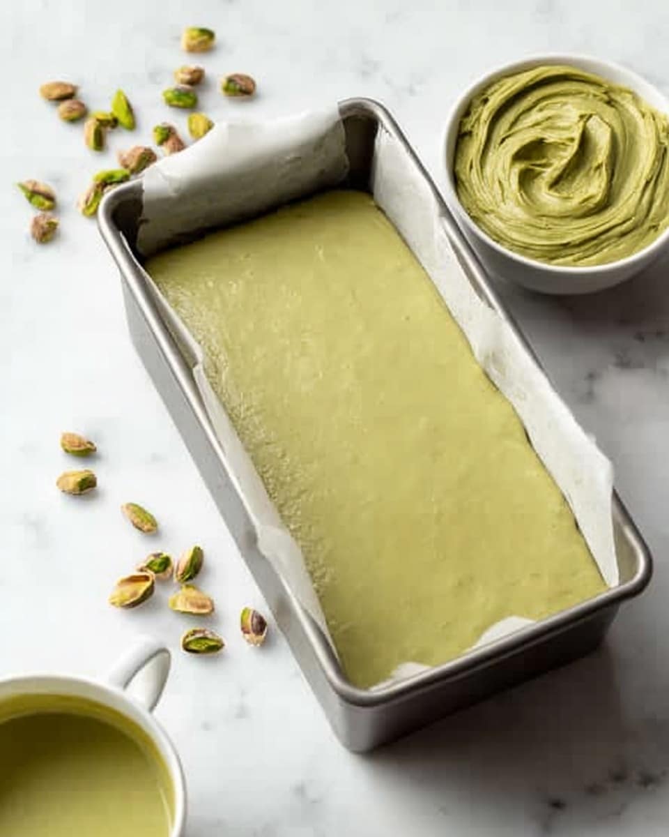 A metal rectangular loaf pan lined with parchment paper holds a smooth, even layer of light green pistachio batter with a creamy texture. Next to it, on a white marbled surface, there is a small white bowl filled with greenish pistachio paste, swirled in a circular pattern. Scattered around are a few green pistachio nuts, some shelled and some unshelled, adding a natural touch. In the bottom left corner, a white cup partially filled with the same green pistachio mixture is visible, showing a liquid-like texture inside. The whole scene is lit softly, highlighting the smoothness and color contrast. Photo taken with an iphone --ar 4:5 --v 7