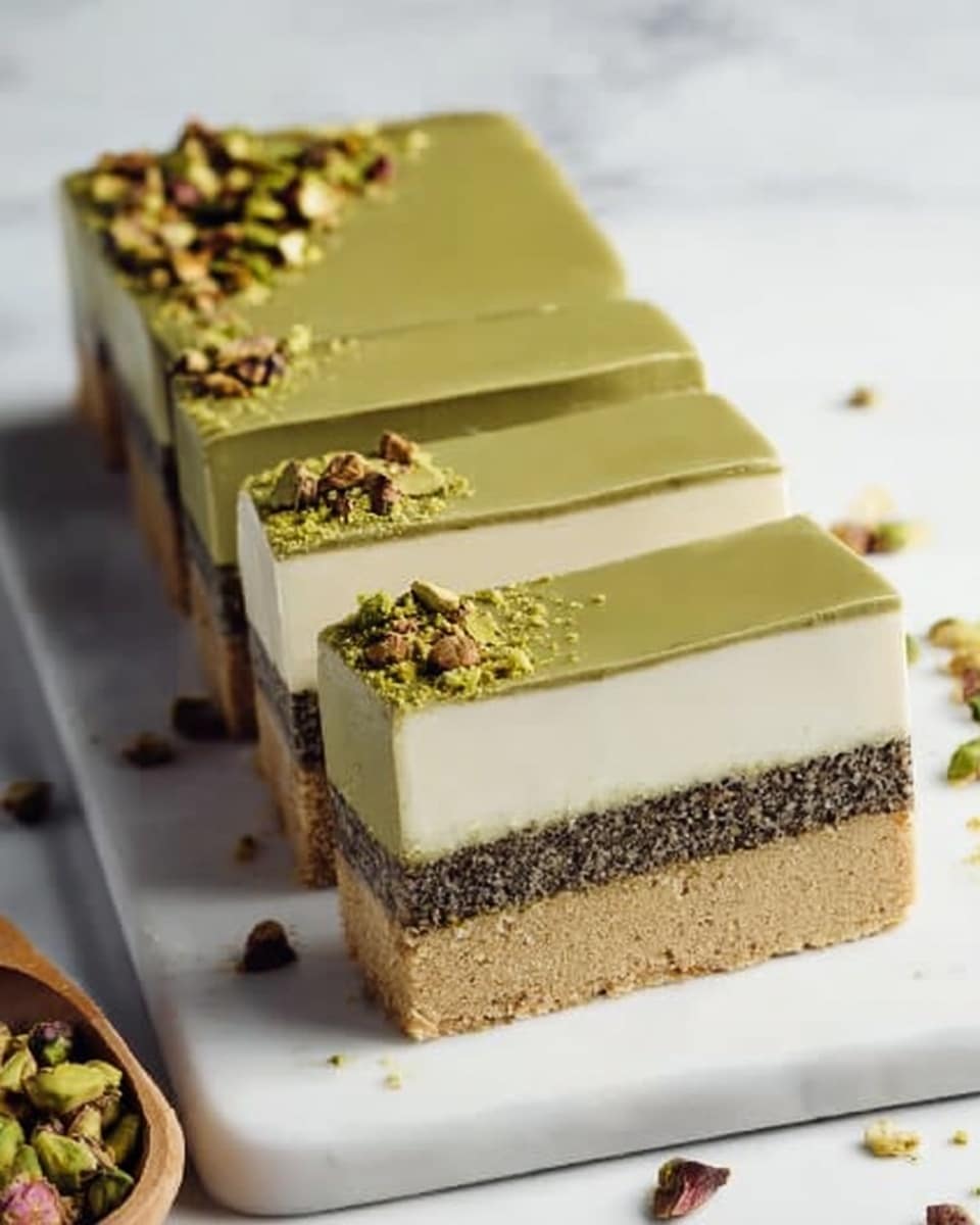 The image shows a rectangular dessert with five layers, placed on a white marbled surface. The bottom layer is a light beige crumb base, smooth and firm. Above it is a thick dark layer with a slightly rough texture, likely made of crushed nuts or seeds. The next layer is a thick, creamy white layer, smooth and even. On top of that is a smooth, thick light green layer that looks creamy, forming the largest section of the dessert. The top layer is a thinner, smooth, slightly glossy, darker green layer that covers the entire dessert evenly. The dessert is sliced into four rectangular pieces with clean edges, set upright. There are scattered pistachios and crumbs around the dessert on the white marbled surface. Photo taken with an iphone --ar 4:5 --v 7