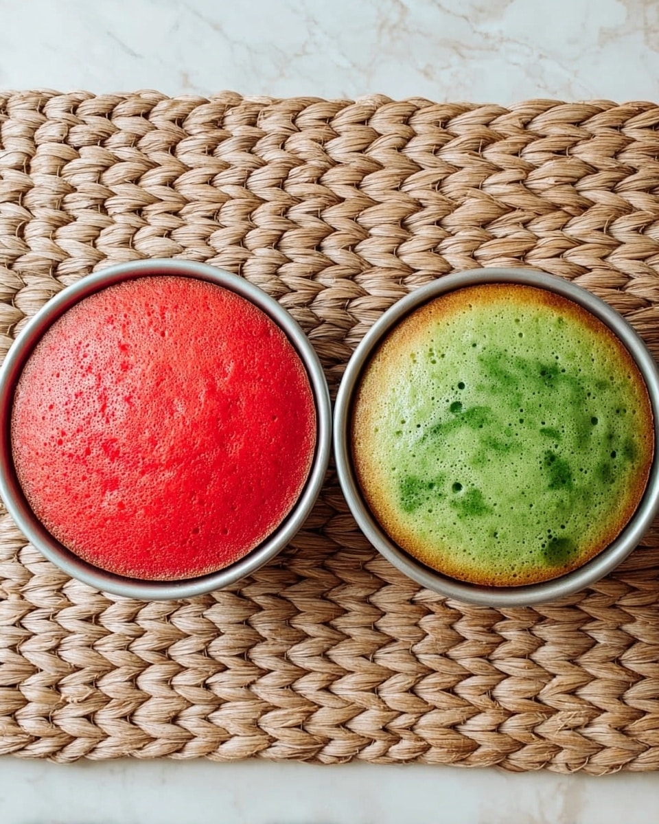 Two round cakes sit side by side in silver pans on a woven mat over a white marbled surface. The cake on the left is bright red, smooth on top with small air bubbles visible. The cake on the right is green with some darker green spots and a slightly browned edge. Both cakes are flat on top and evenly baked. photo taken with an iphone --ar 4:5 --v 7