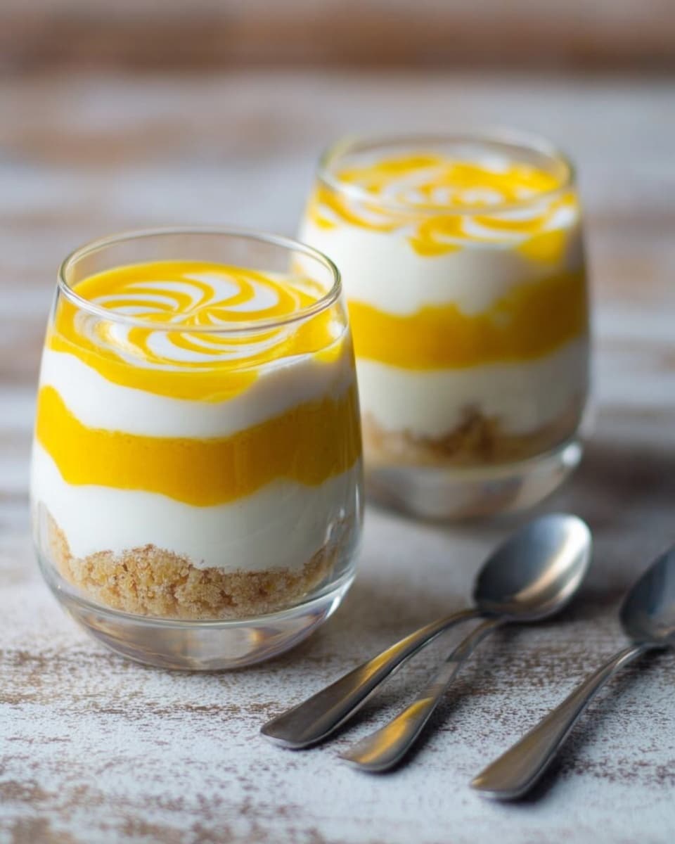 Two clear glasses each show five even layers, starting from the bottom with a beige crumbly layer, followed by a thick white creamy layer, then a bright yellow smooth layer, another white creamy layer, and topped with a bright yellow swirl pattern over another crumbly beige layer. The glasses are placed on a white marbled surface with two silver spoons lying next to them. Photo taken with an iphone --ar 4:5 --v 7