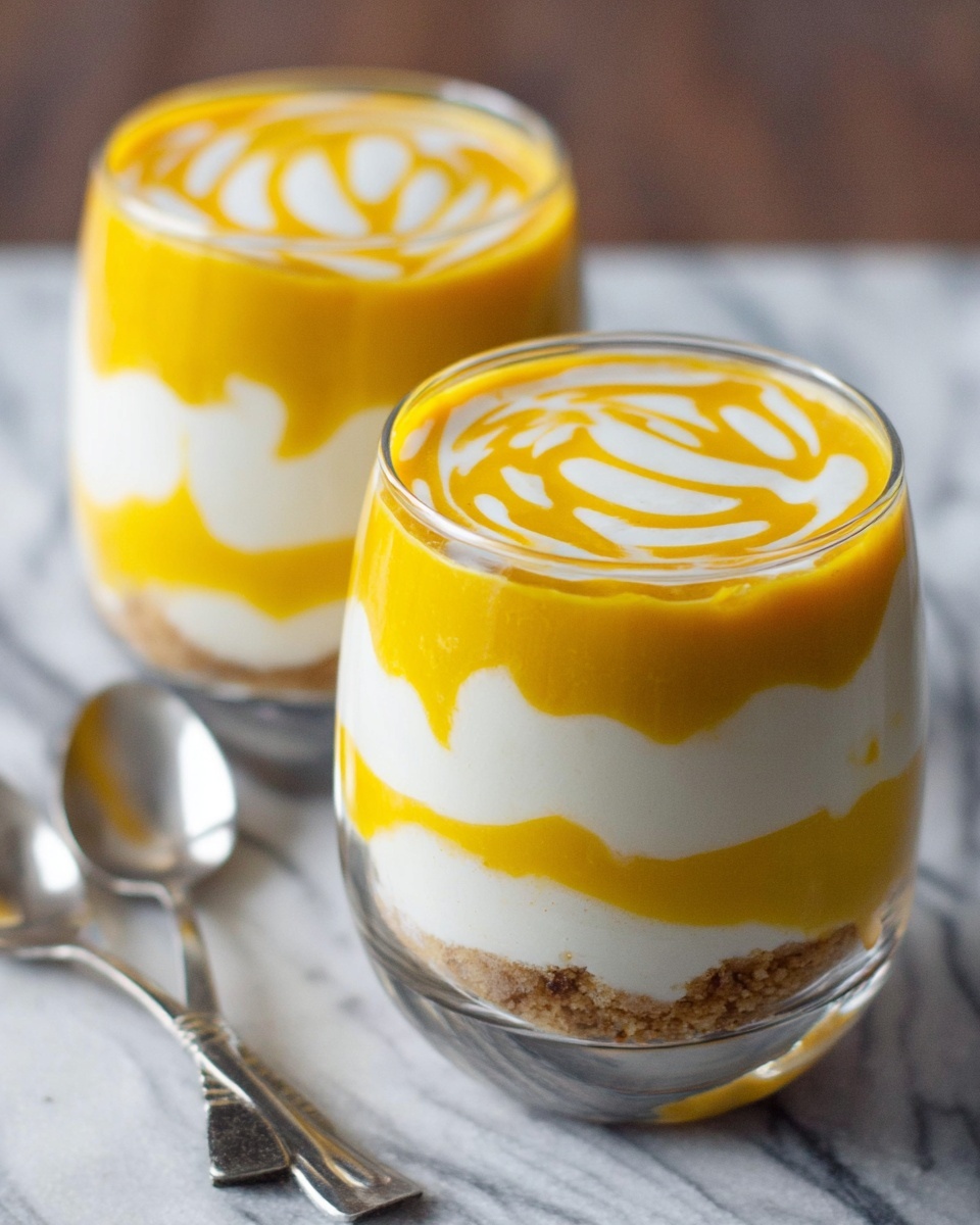 Two clear glasses show a layered dessert with five layers each. At the bottom, there is a white creamy layer followed by a thin layer of bright yellow sauce. Above this is a thicker white creamy layer, then a thin light brown crumbly layer. On top, there is a thick bright yellow sauce layer with a white cream swirl pattern over it. The glasses sit on a white marbled surface with two silver spoons next to one glass. Photo taken with an iphone --ar 4:5 --v 7