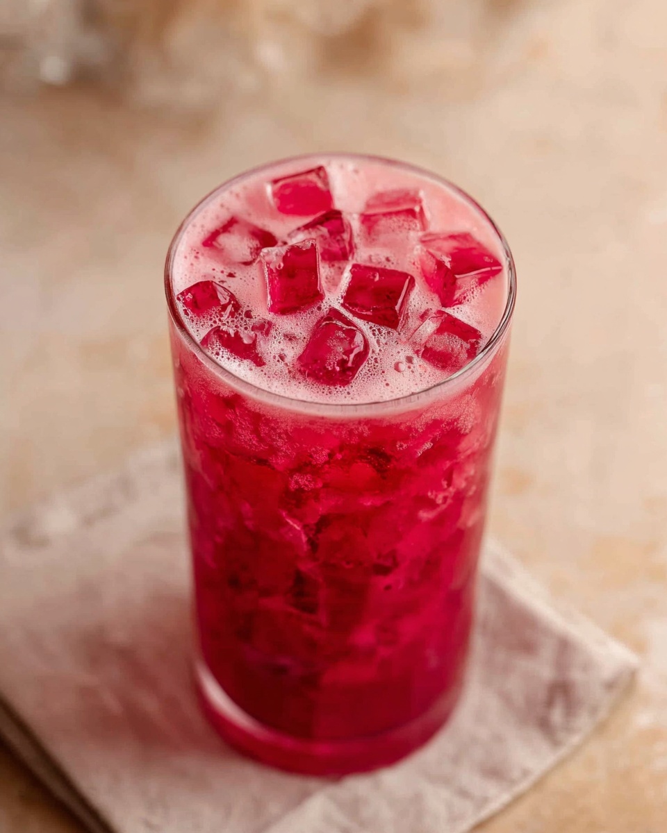 A tall glass filled with a bright red drink topped with many small to medium red ice cubes floating on the surface with a thin layer of pink foam around them. The glass is clear and shows the rich red liquid inside, sitting on a light beige textured napkin over a white marbled surface. The background is softly blurred with cream tones. Photo taken with an iphone --ar 4:5 --v 7