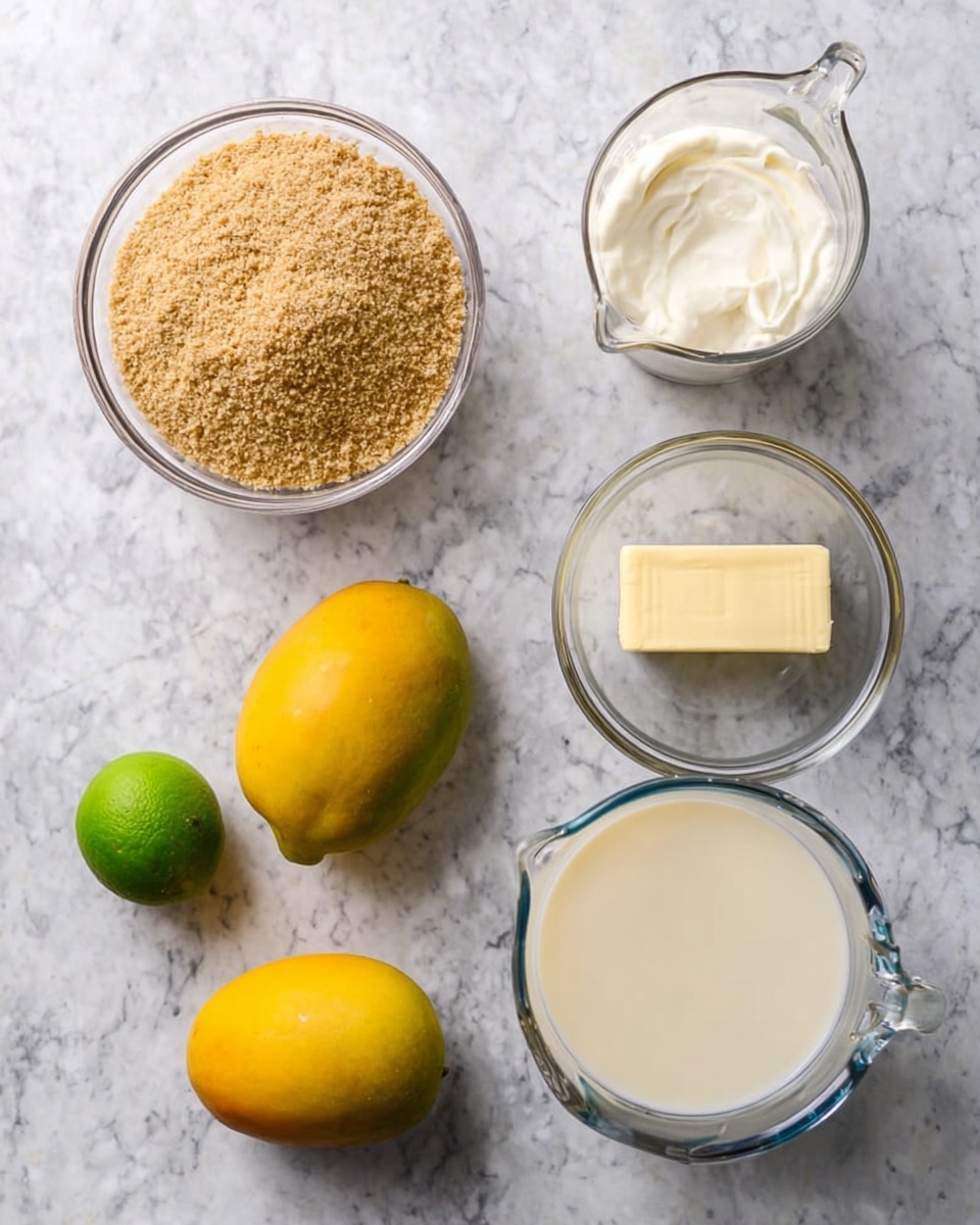 The image shows six items arranged on a white marbled surface: a clear glass bowl filled with light brown crumbs, a clear glass measuring cup holding thick white cream, a clear glass bowl with a square piece of butter, two small whole yellow mangoes, one whole green lime, and a small clear glass bowl with a cream-colored liquid. The items are spaced evenly with the mangoes and lime at the bottom left, bowls and cup above them, creating a simple, clean layout. Photo taken with an iphone --ar 4:5 --v 7
