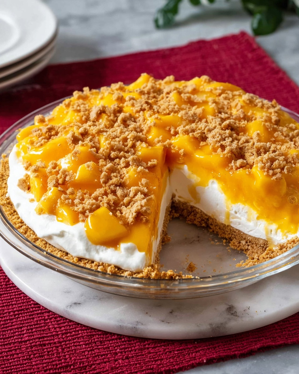 A clear pie dish holds a three-layer pie resting on a white marbled surface with a red textured cloth underneath. The bottom layer is a crumbly golden-brown crust that edges the pie. The next layer is thick and white, creamy in texture, topped by a vibrant orange mango or peach-like fruit layer with a smooth sauce and chunks of fruit. Another thick white creamy layer sits above, with the top mango fruit layer spread unevenly. Crumbled pieces of the golden crust are sprinkled over the top for texture. A slice is removed from the pie, showing the clear layers and smooth textures inside. Photo taken with an iphone --ar 4:5 --v 7