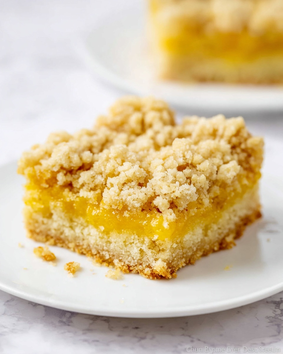 A square piece of crumb cake sits in the middle of a plain white plate on a white marbled surface. The bottom layer is a light golden crust that looks firm but soft. Above the crust is a thick, bright yellow filling that appears smooth and slightly shiny. The top layer is a crumbly, pale beige streusel with uneven chunks, giving it a rough, crunchy texture. A few crumbs have fallen around the piece on the plate, adding to the crumbly look. In the blurred background, another piece of the same crumb cake is visible on a similar white plate. Photo taken with an iphone --ar 4:5 --v 7