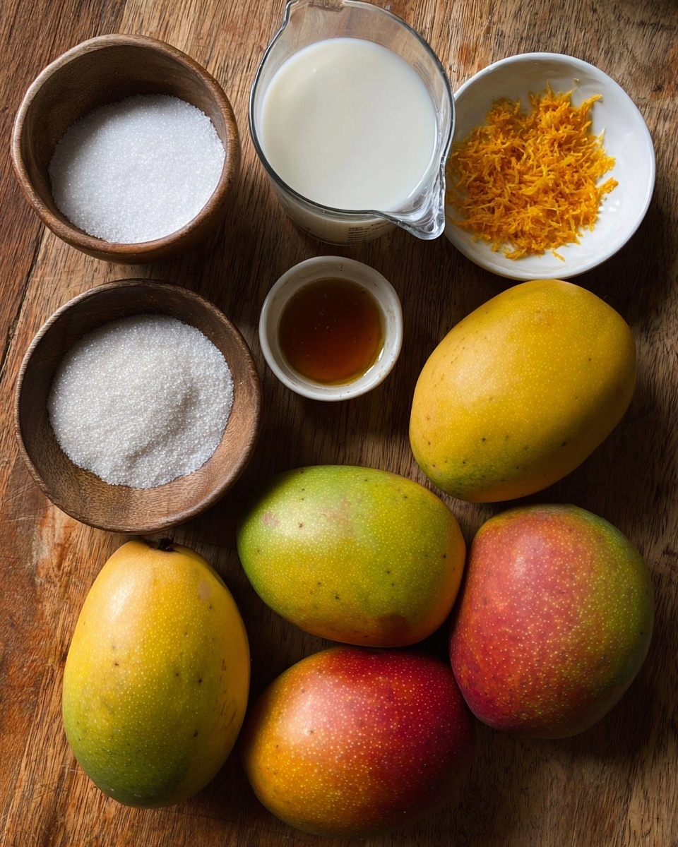 A wooden surface holds four mangoes in shades of yellow, green, and red, arranged loosely in the lower half of the image. Above them, there are five small bowls and containers: a white bowl containing orange zest on the right, a translucent measuring cup filled with white liquid to its top right, a small white bowl with brown liquid at the top center, and two small wooden bowls filled with granulated white sugar placed to the left of the white bowl with orange zest. The lighting is soft and natural, showing clear textures on the fruits and bowls, with a rustic, simple kitchen feel. photo taken with an iphone --ar 4:5 --v 7