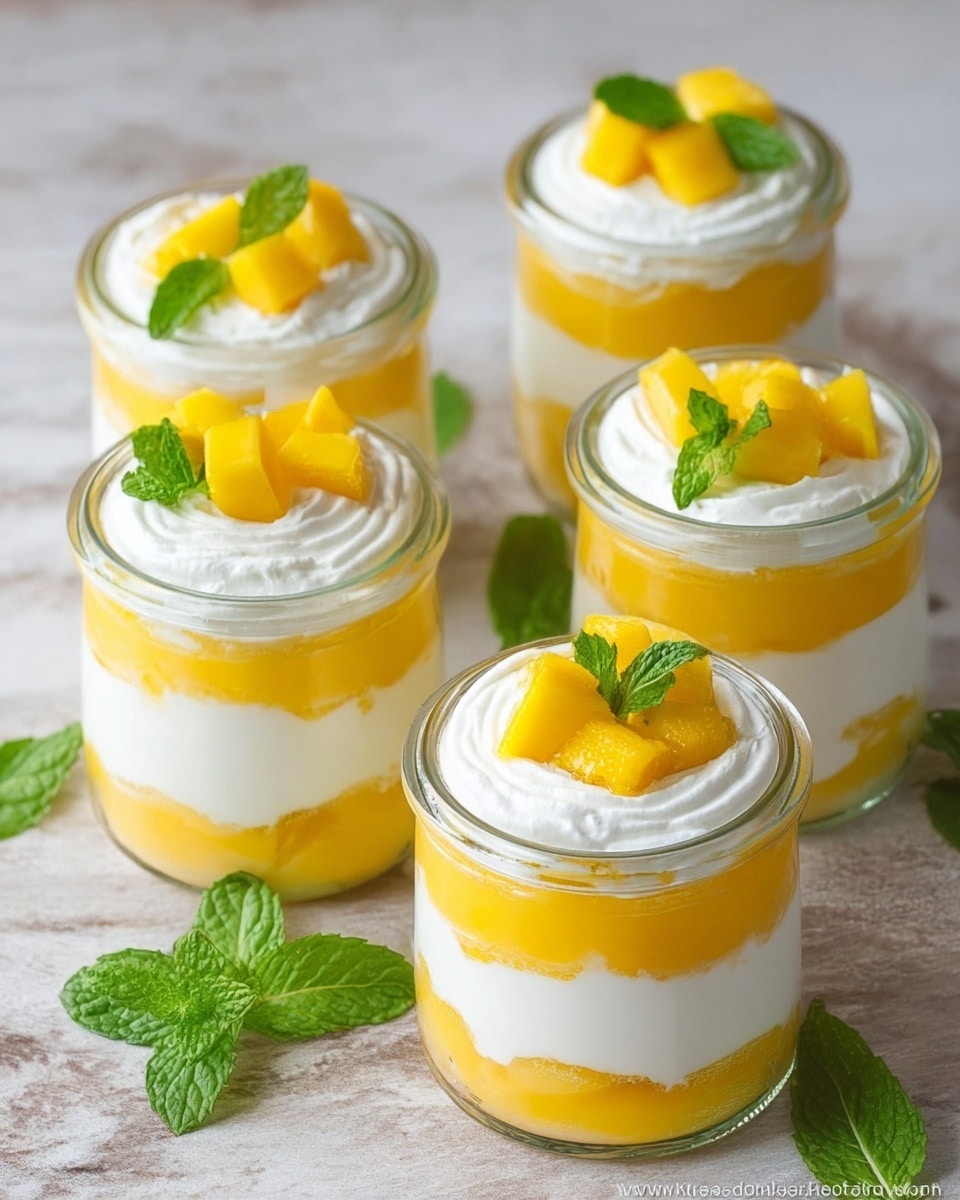 Five small clear glass jars are filled with a layered dessert placed on a white marbled surface. Each jar has three main layers starting from the bottom with a bright yellow mango puree, followed by a thick white creamy layer, then another layer of mango puree, and topped with white cream. On the top of each dessert, small yellow mango cubes are placed along with a fresh green mint leaf as garnish. Additional fresh mint leaves are scattered around the jars on the white marbled background. The light natural color of the mango contrasts with the white cream and green mint, giving a fresh and bright look. Photo taken with an iphone --ar 4:5 --v 7
