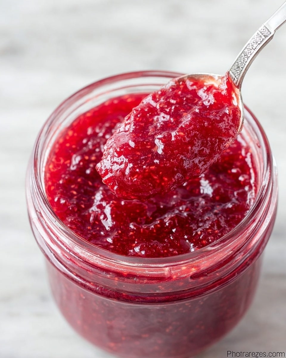 A close-up view of a clear glass jar filled with thick, bright red jam that has a slightly chunky texture. A silver spoon is scooping up some of the jam from the center of the jar, showing the jam's rich, glossy surface with small pieces of fruit visible. The jar has some jam spilled slightly over the rim, adding a natural and homemade feel. The jar is placed on a white marbled surface that adds a clean and simple background. photo taken with an iphone --ar 4:5 --v 7