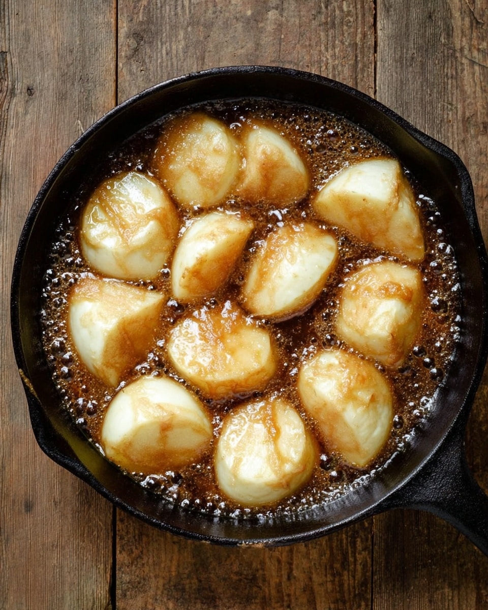 A black cast iron pan filled with eleven peeled apple pieces cooking in bubbling brown caramel sauce, the apple pieces are light cream in color with some golden brown edges, arranged in a loose circular pattern with the caramel bubbling actively around them, the pan sits on a wooden surface with a rustic texture. photo taken with an iphone --ar 4:5 --v 7