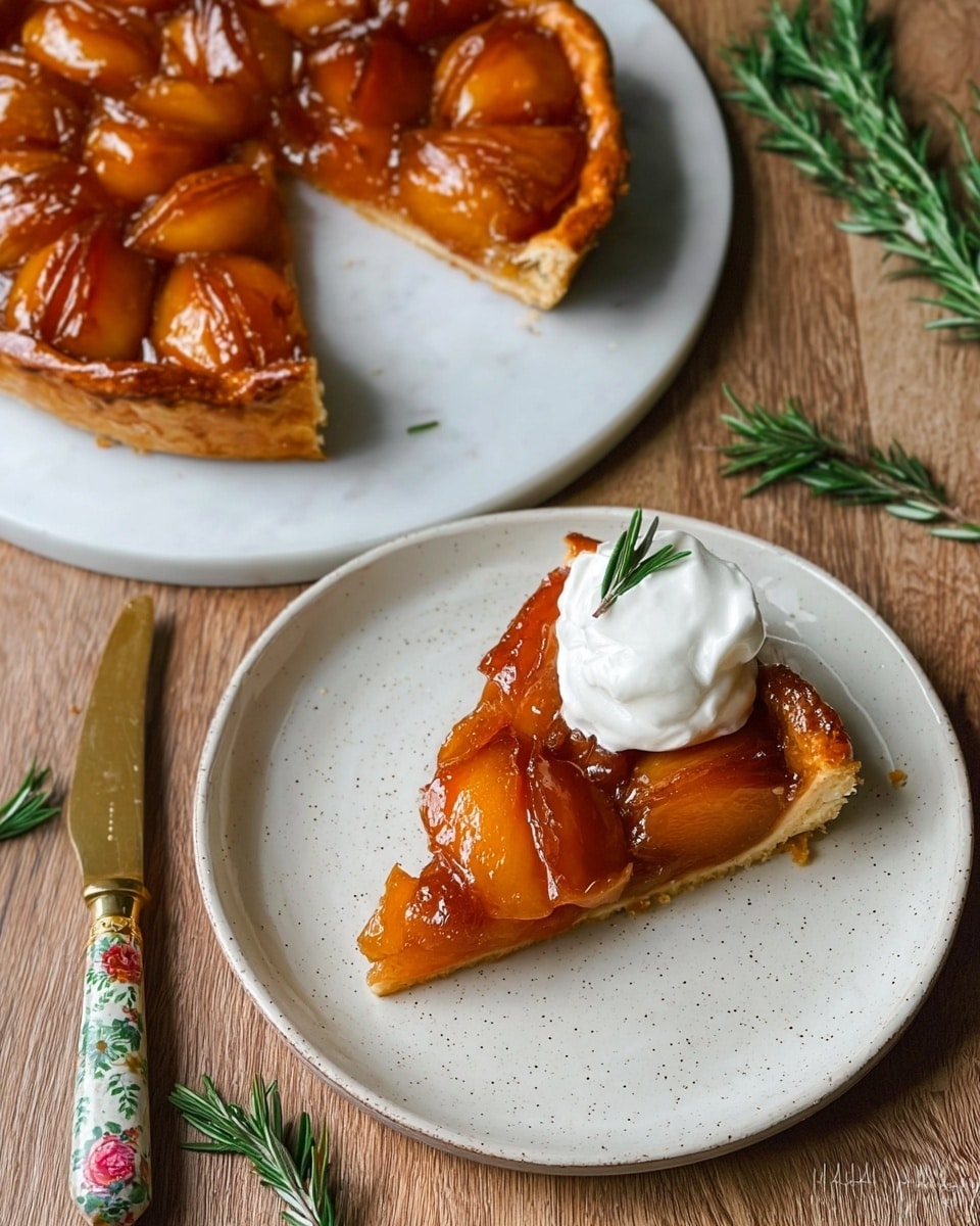The image shows a slice of caramelized fruit tart on a light beige speckled plate, with one layer of golden-brown pastry at the bottom, topped by thick, glossy, amber-colored caramelized fruit pieces arranged neatly, and a dollop of white whipped cream on top. Next to the plate, part of the remaining tart is on a white plate, showing more caramelized fruit and a similar golden crust. The scene includes a knife with a colorful floral handle resting on a wooden surface with sprigs of green rosemary around. The surface is changed to a white marbled texture. Photo taken with an iphone --ar 4:5 --v 7