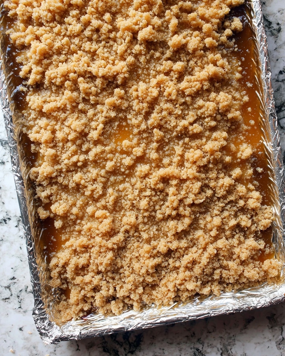 The image shows a close-up of a rectangular baking tray lined with aluminum foil and filled with a crumbly dessert. The top layer is made of uneven, small to medium-sized golden brown crumbles that look crunchy and slightly sticky in places with a shiny, syrup-like substance seeping through. The tray rests on a surface covered with a white marbled texture. photo taken with an iphone --ar 4:5 --v 7