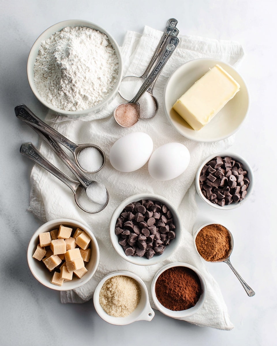 A white marbled surface holds a soft white textured cloth with baking ingredients neatly arranged on top. Starting from the top right, there is a small white bowl with a solid pale yellow block of butter. Below it, two white eggs lie side by side on the cloth. Around them, six metal measuring spoons with dark handles hold small amounts of light milk, pink salt, white powder, and dark liquid, arranged in a curved line. To the left, one white cup is filled with white flour, and below it another white cup contains white sugar. Next to them, a white bowl filled with square light caramel candies sits beside a white bowl of small dark chocolate chips and another white bowl with white chocolate chips. At the bottom right, two white measuring cups are filled with dark brown cocoa powder and light brown packed sugar. The scene is clean, bright, and softly lit. photo taken with an iphone --ar 4:5 --v 7