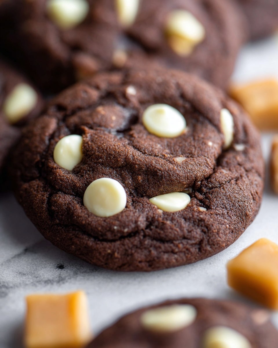 A close-up view of a dark brown chocolate cookie filled with large white chocolate chips scattered across its rough, slightly wrinkled surface, showing its soft texture. Around the cookie, there are blurred out similar cookies and a small caramel square, all resting on a white marbled surface. The focus is on one cookie in the middle with a clear view of the chocolate chips embedded inside and on top, highlighting their smooth, creamy contrast against the rich chocolate dough photo taken with an iphone --ar 4:5 --v 7