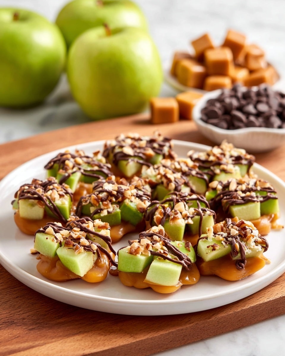 A white round plate filled with small snacks, each made of three layers: the bottom layer is a smooth caramel base that is orange-brown in color and shiny, the middle layer is a small cube of green apple with a fresh, slightly shiny texture, and the top layer consists of dark chocolate drizzles and light tan chopped nuts scattered over the entire snack. The plate is on a wooden surface with two whole green apples in the background, along with caramel pieces and a bowl of chocolate chips on a white marbled texture surface. Photo taken with an iphone --ar 4:5 --v 7