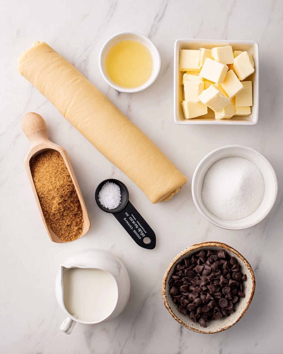 The image shows ingredients for baking arranged on a white marbled surface. There is a stick of pale, rolled dough laying horizontally near the center. A small square white bowl holds yellow butter cubes at the top right. Below that, a small round white bowl contains light yellow liquid. To the left of the dough, a wooden scoop filled with packed brown sugar is placed next to a small white bowl full of white granulated sugar above. Near the bottom, a small white pitcher holds cream or milk, and to the right, a rustic white bowl is filled with dark chocolate chips. A black measuring spoon with white salt completes the setup near the middle left. photo taken with an iphone --ar 4:5 --v 7