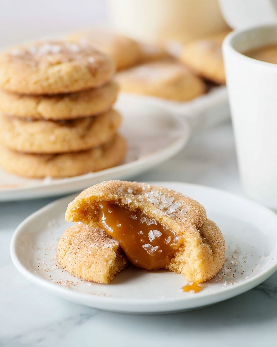 A broken cookie lies on a white plate, showing a soft, thick caramel-colored center sprinkled with coarse sea salt. The outer layer is golden brown with a light dusting of cinnamon sugar, giving it a slightly rough texture. In the background, there is a stack of similar cookies on a white plate and a white bowl with a cream-like substance, all set on a white marbled surface. The image is bright with a soft, clear focus on the broken cookie. photo taken with an iphone --ar 4:5 --v 7