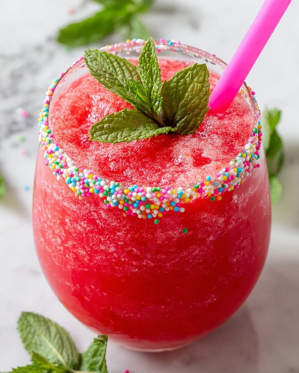 The image shows a clear glass filled with a bright red slushie drink that has a slightly icy texture. The rim of the glass is decorated with small round colorful sprinkles, adding a playful touch. On top of the red drink, there are two fresh green mint leaves placed in the center, and a pink straw is inserted into the drink on the right side of the glass. The glass sits on a white marbled surface with some green mint leaves scattered around it. photo taken with an iphone --ar 4:5 --v 7