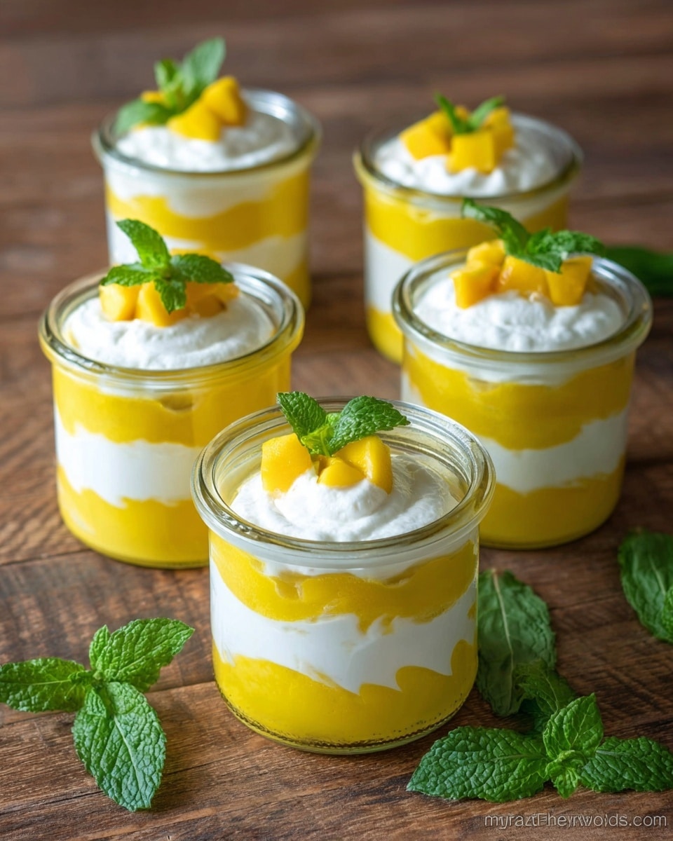 Five small clear glass jars sit on a wooden surface, each filled with three layers: a bright yellow puree at the bottom, a thick white creamy layer in the middle, and more yellow puree mixed with white cream on top. The jars are garnished with small mango chunks and a sprig of fresh green mint leaves. Additional mint leaves are scattered around the jars on the wooden surface. The photo taken with an iphone --ar 4:5 --v 7