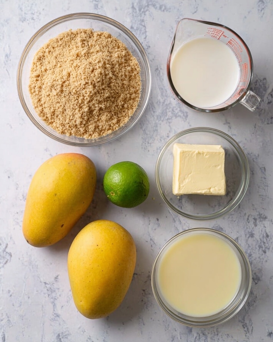 The image shows six ingredients arranged on a white marbled surface: a clear glass bowl filled with light brown crumbly crumbs at the top left, a glass measuring cup with a creamy white liquid at the top right, a clear glass bowl containing a square piece of pale yellow butter in the middle right, two whole yellow mangoes positioned in the bottom left, a small green lime near the center, and a clear glass bowl of pale yellow condensed milk located at the bottom right. The colors are soft and natural, and the containers are transparent, showing the textures clearly. photo taken with an iphone --ar 4:5 --v 7