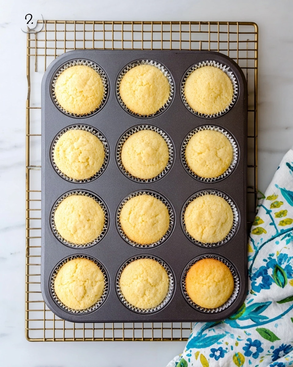 A dark gray metal muffin pan with twelve cupcakes in paper liners sits on a gold wire cooling rack. Each cupcake is light yellow with a soft texture and slightly golden tops, evenly spaced in the pan. The pan and rack are placed on a white marbled surface. Next to the pan, on the right bottom corner, is a folded cloth with white, blue, green, and yellow floral patterns. Photo taken with an iphone --ar 4:5 --v 7