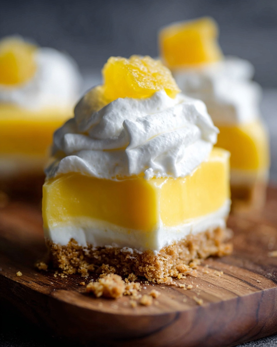 The image shows a close-up of a small dessert with three clear layers on a wooden surface. The bottom layer is crumbly and light brown in color, resembling crushed cookies or a pie crust. The middle layer is bright yellow and smooth, looking like a thick custard or pudding. The top layer is a fluffy white whipped cream pile, topped with a small piece of yellow fruit or a jelly-like cube. Some crumbs from the bottom layer are scattered around the dessert. The focus is sharp on the front dessert, with a blurred similar dessert in the background. Photo taken with an iphone --ar 4:5 --v 7