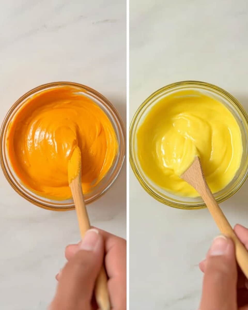 The image shows two small clear glass bowls placed side by side on a white marbled surface. The bowl on the left is filled with a thick, smooth orange mixture. A wooden spoon is dipped into this orange mixture, and a woman's hand is holding the spoon. The bowl on the right contains a bright yellow creamy mixture. A wooden spoon is gently smoothing or stirring the yellow mixture, held by a woman's hand. Both mixtures look thick and glossy as the spoons move through them. The photo taken with an iphone --ar 4:5 --v 7
