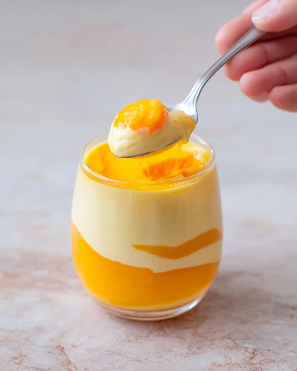 A clear glass cup filled with two visible layers: the bottom layer is bright orange with a smooth, slightly shiny texture, and the top layer is a creamy pale yellow, thick and smooth looking. On top of the yellow layer, there is a small dollop of the same bright orange color. A woman's hand holding a silver spoon is lifting a scoop showing the creamy yellow layer with a bit of the orange topping, all placed on a white marbled surface photo taken with an iphone --ar 4:5 --v 7