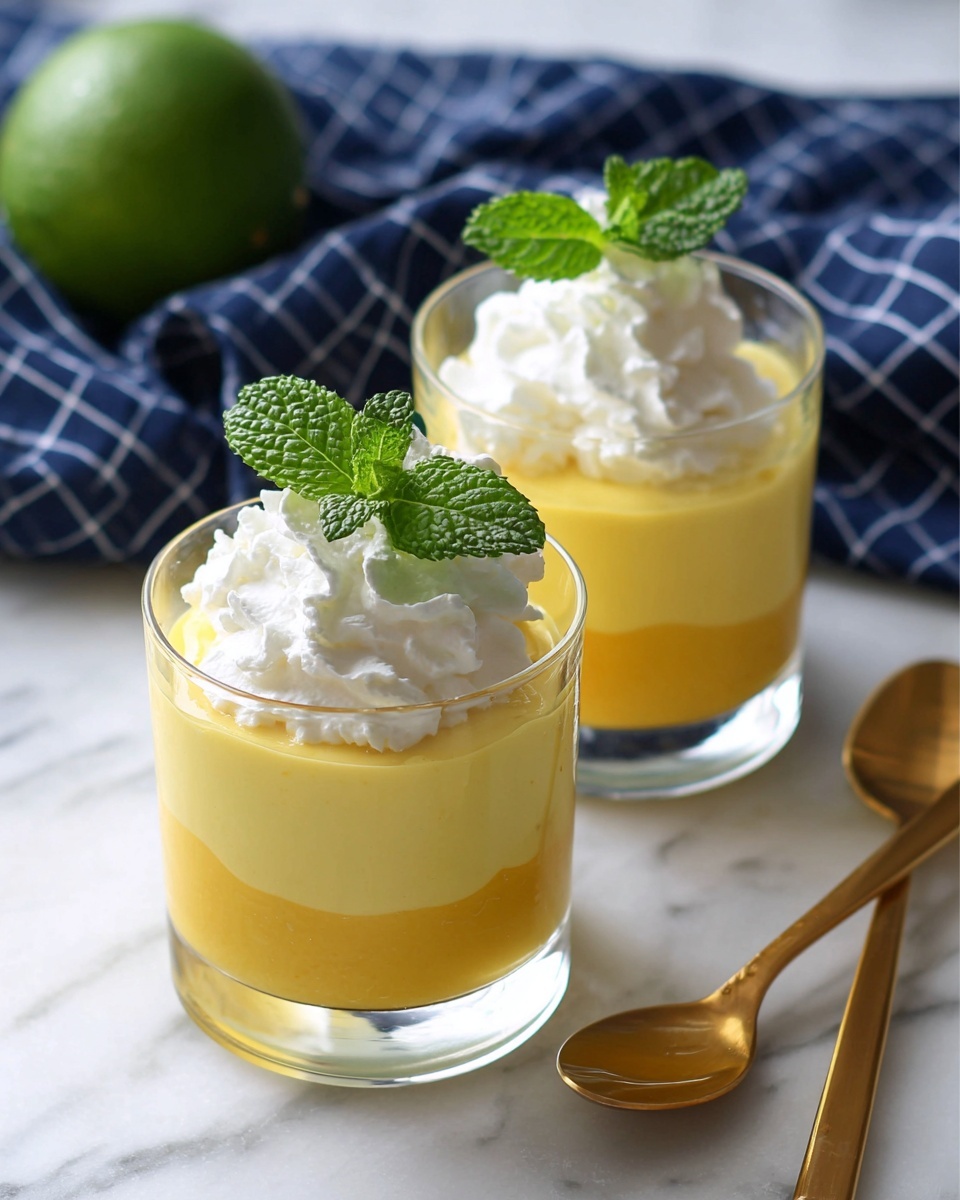 Two clear glass cups each have two layers: a thick, smooth, bright yellow layer filled almost to the top, and a white whipped cream dollop sitting on top of the yellow layer. A small fresh green mint sprig with textured leaves decorates each whipped cream topping. The cups sit on a white marbled surface. In the background, a dark green lime and a blue cloth with a white grid pattern are visible. Two gold spoons lie on the right side of the scene. photo taken with an iphone --ar 4:5 --v 7