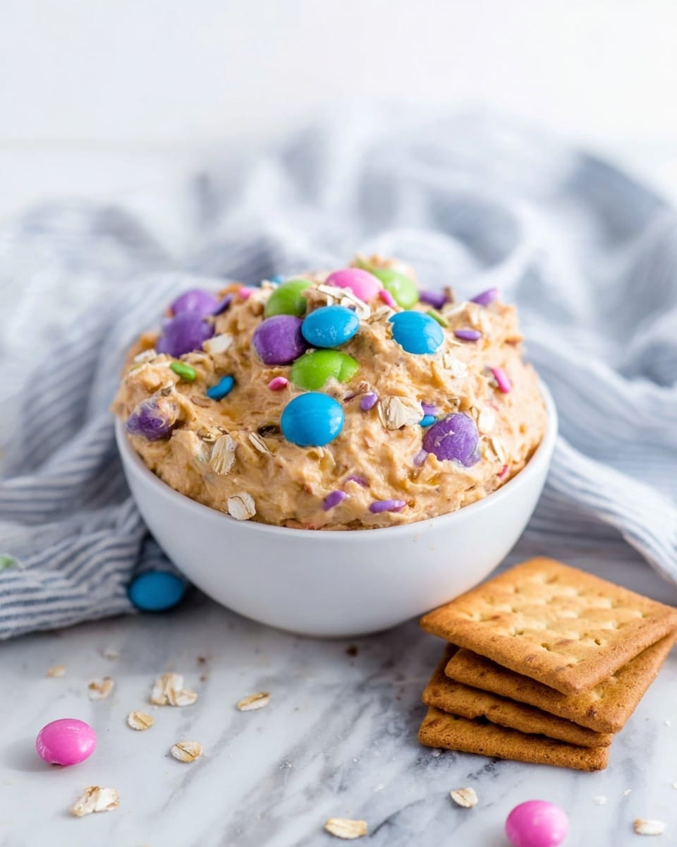 A white bowl filled with a thick, light brown creamy dip mixed with colorful candy-coated chocolate pieces in purple, blue, green, and pink. The dip is topped with some whole rolled oats scattered on top, adding texture. On the right side of the bowl, there are several square, light brown crackers stacked, resting on a white marbled surface. Behind the bowl, a light blue and white striped cloth is slightly crumpled. Some candy pieces are scattered loosely around the bowl on the white marbled surface. photo taken with an iphone --ar 4:5 --v 7